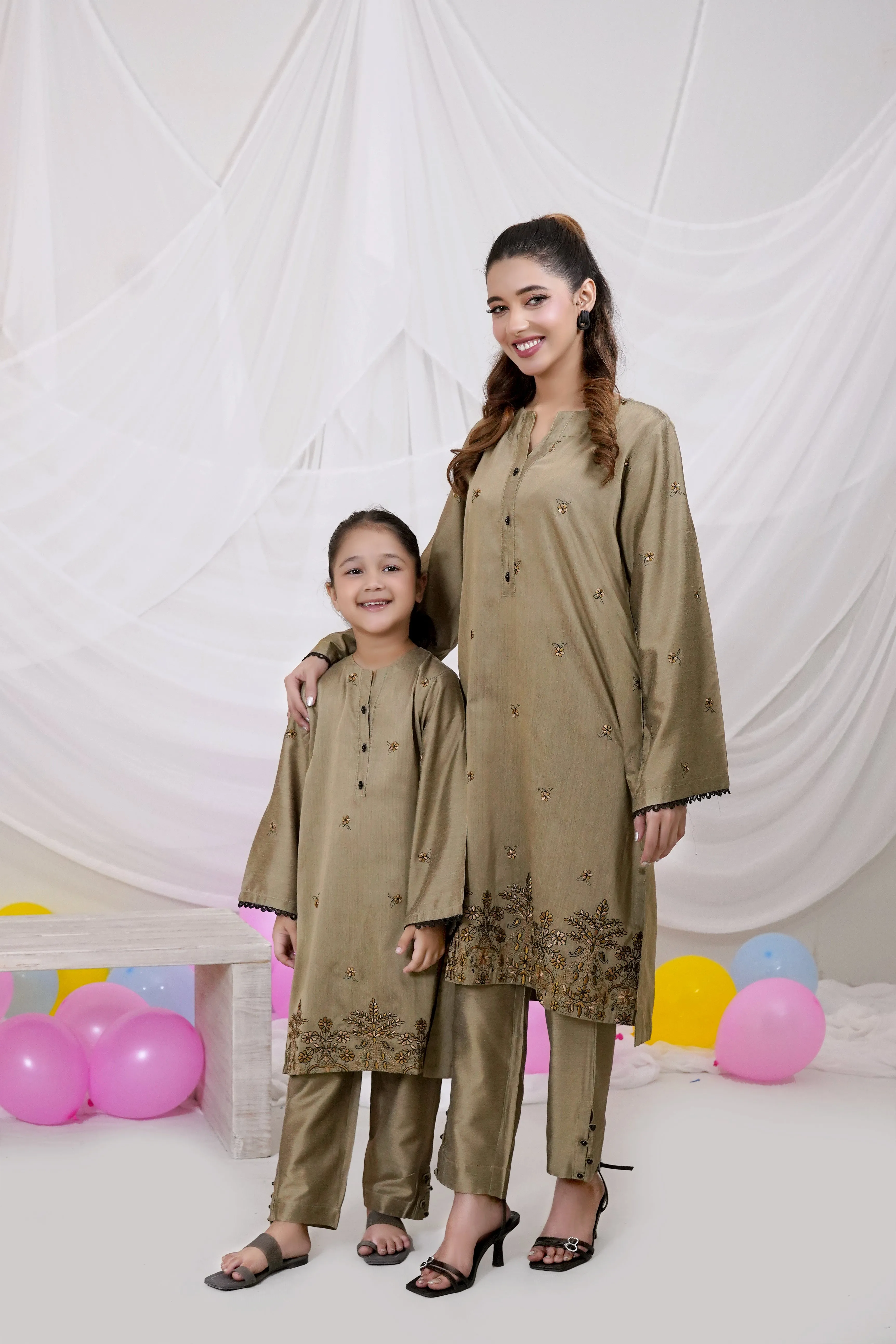 Dark Beige Embellished Katan Silk Set"