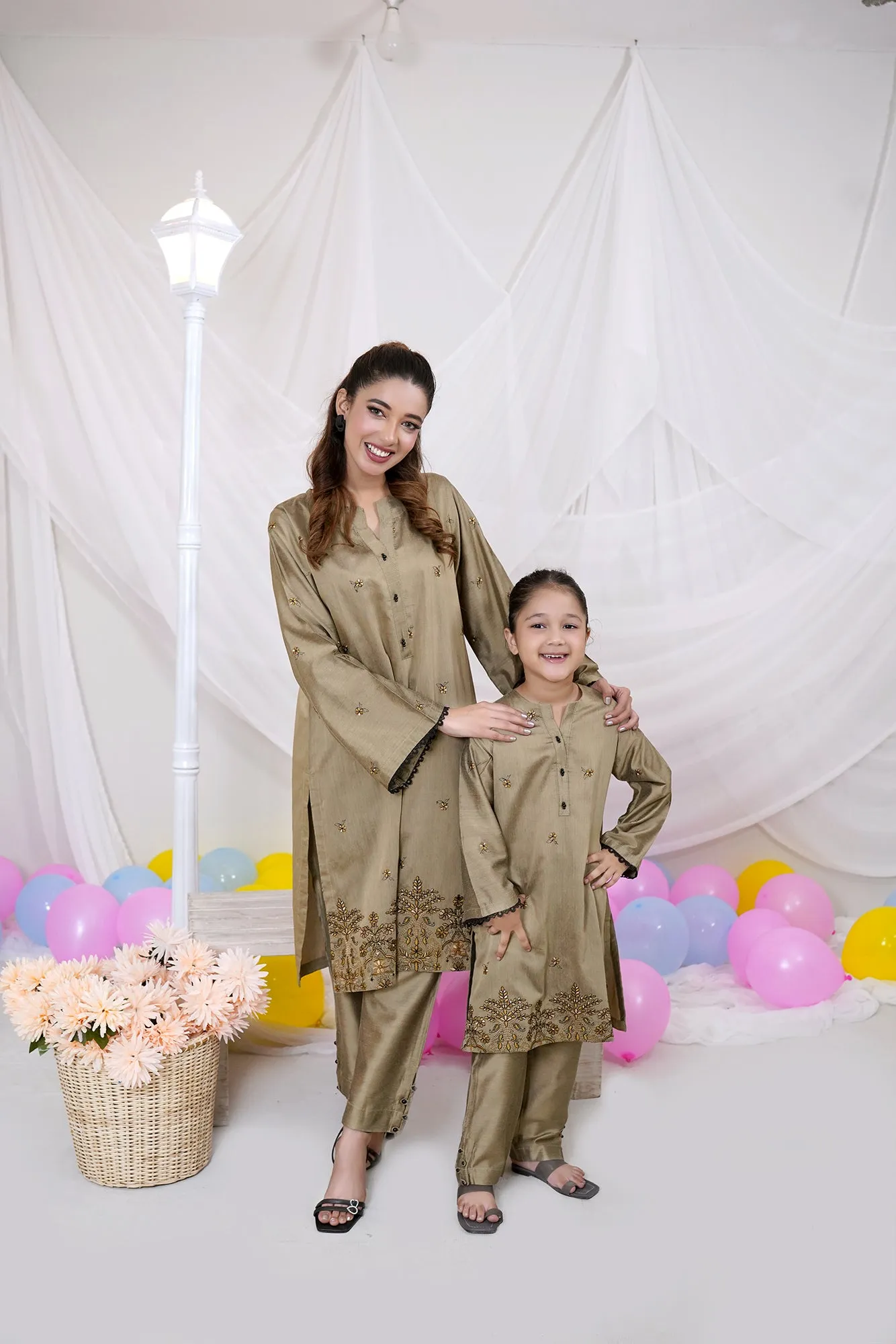 Dark Beige Embellished Katan Silk Set"