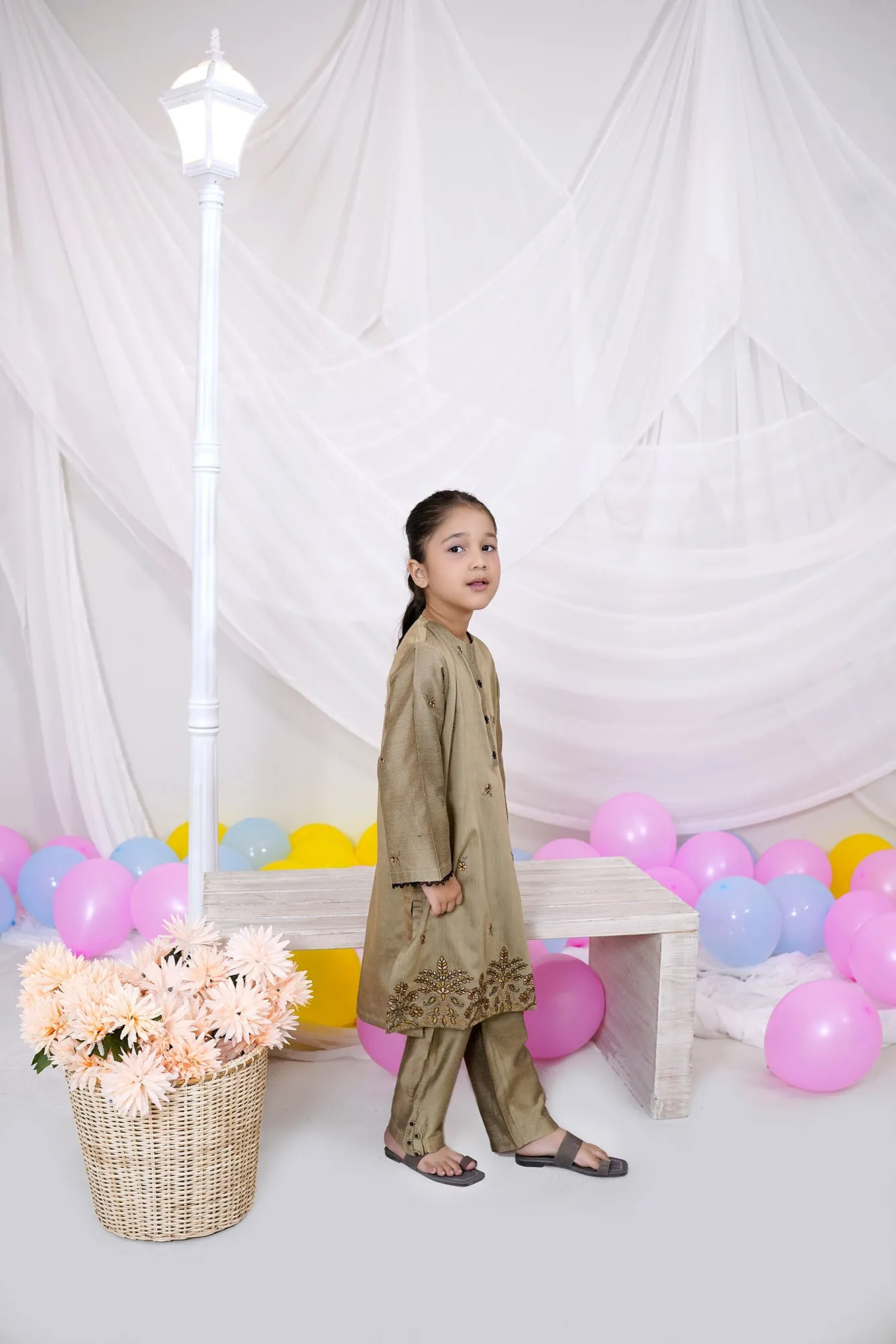 Dark Beige Embellished Katan Silk Set"