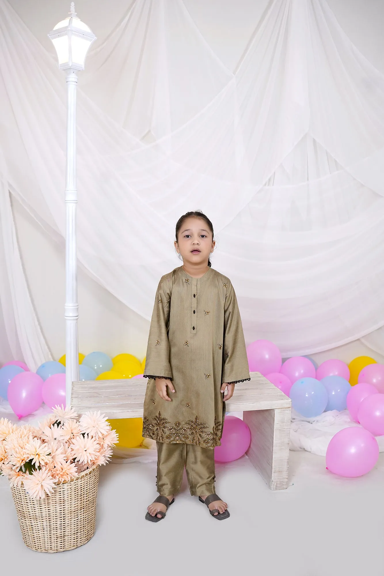 Dark Beige Embellished Katan Silk Set"
