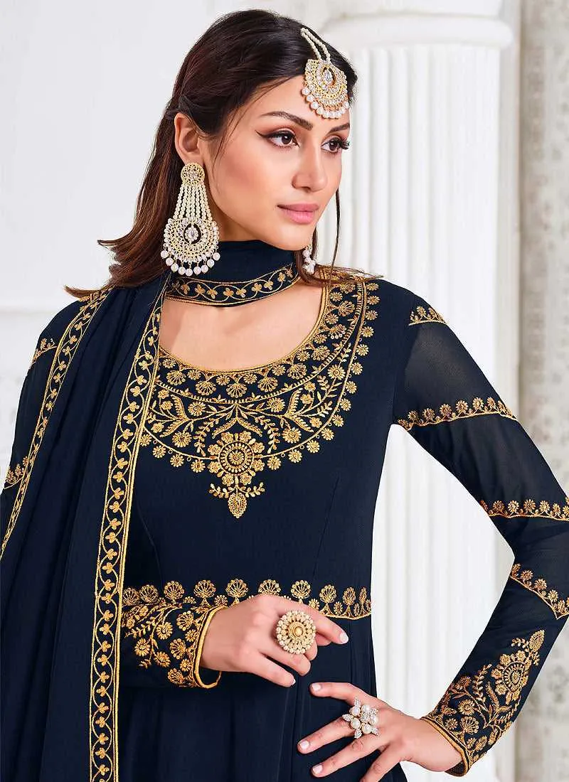 Dark Blue Heavy Embroidered Kalidar Anarkali Suit