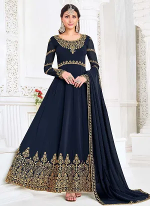 Dark Blue Heavy Embroidered Kalidar Anarkali Suit