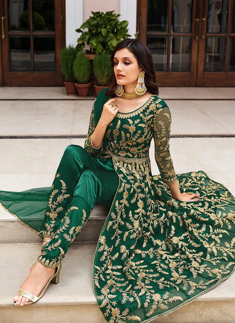 Dark Green Floral Designer Embroidered Kalidar Anarkali