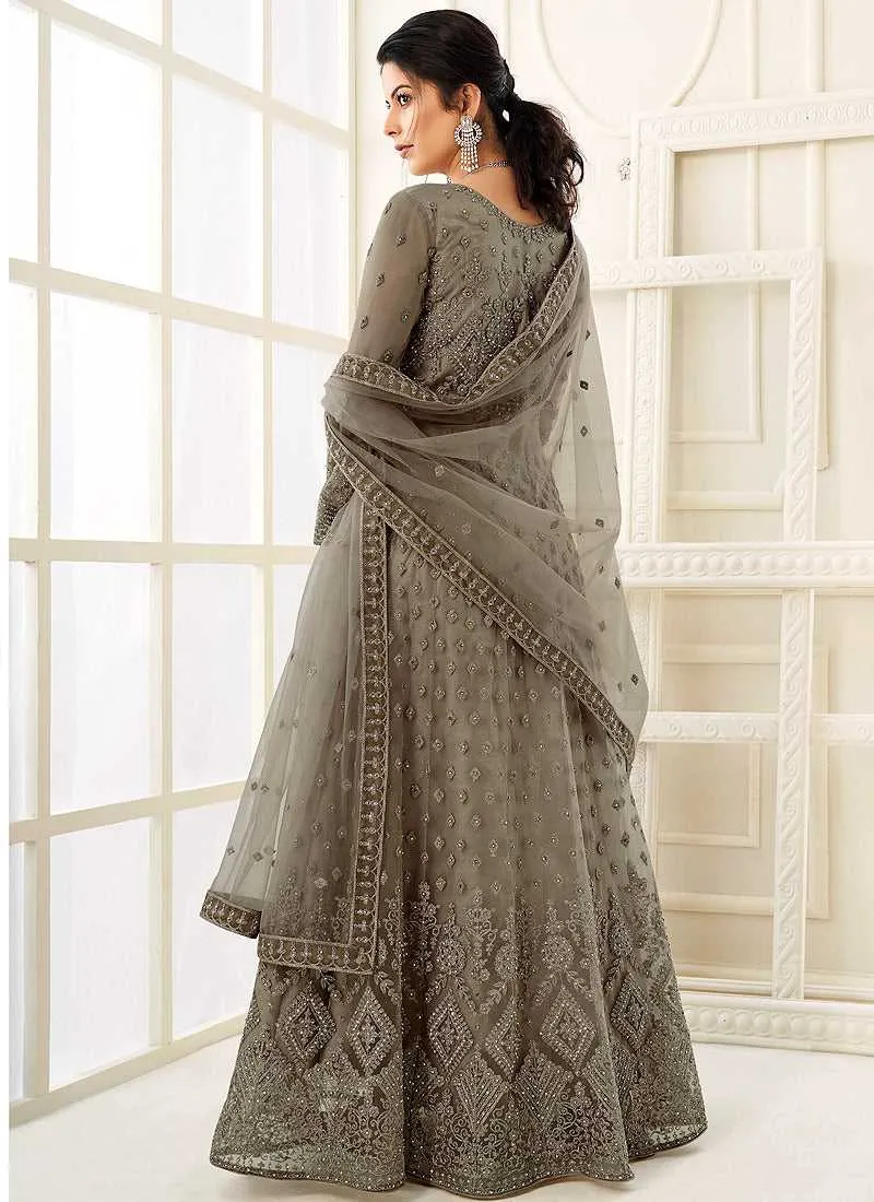 Dark Grey Heavy Embroidered Kalidar Gown Style Anarkali