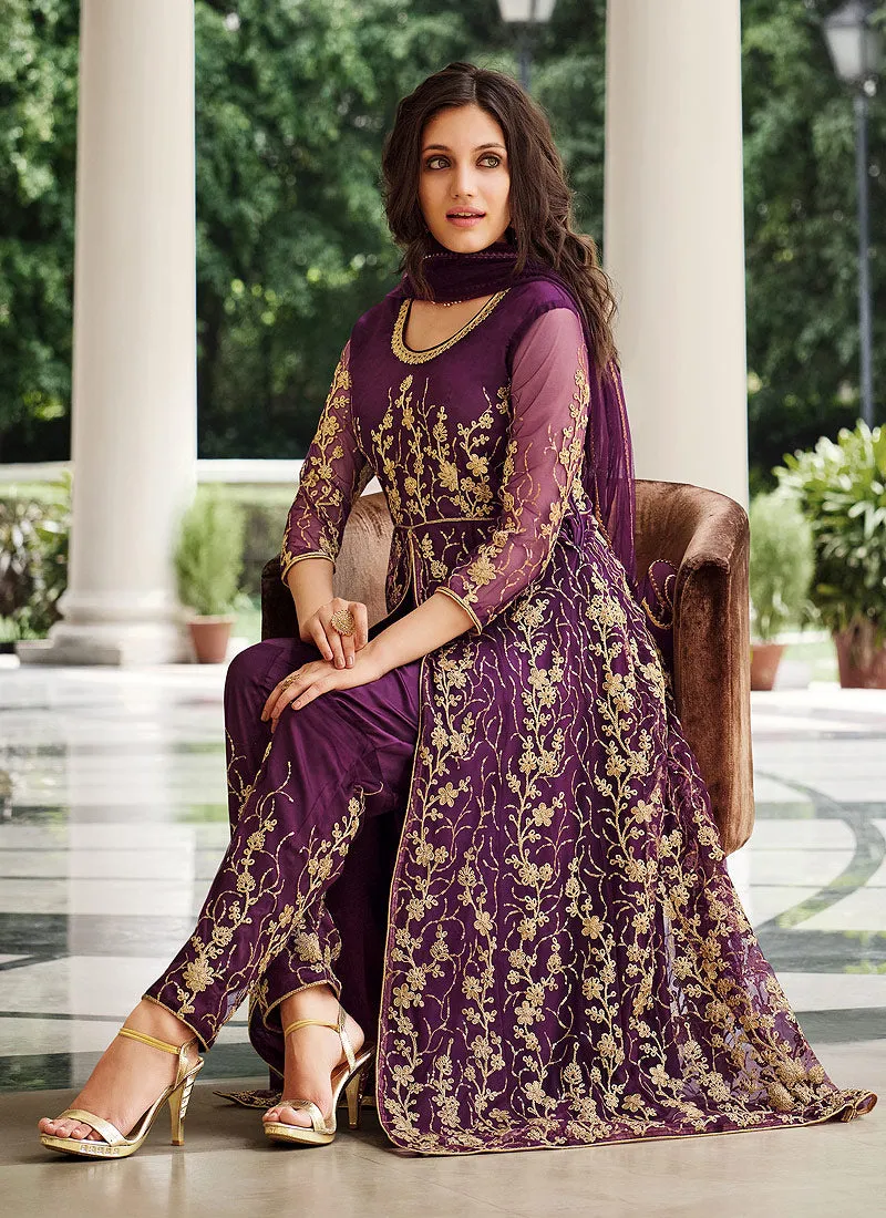 Dark Purple Floral Designer Embroidered Kalidar Anarkali