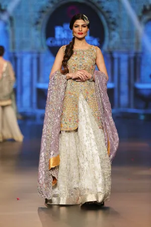 Designer embroidered lehnga dress in lilac, gold and white color # B3355