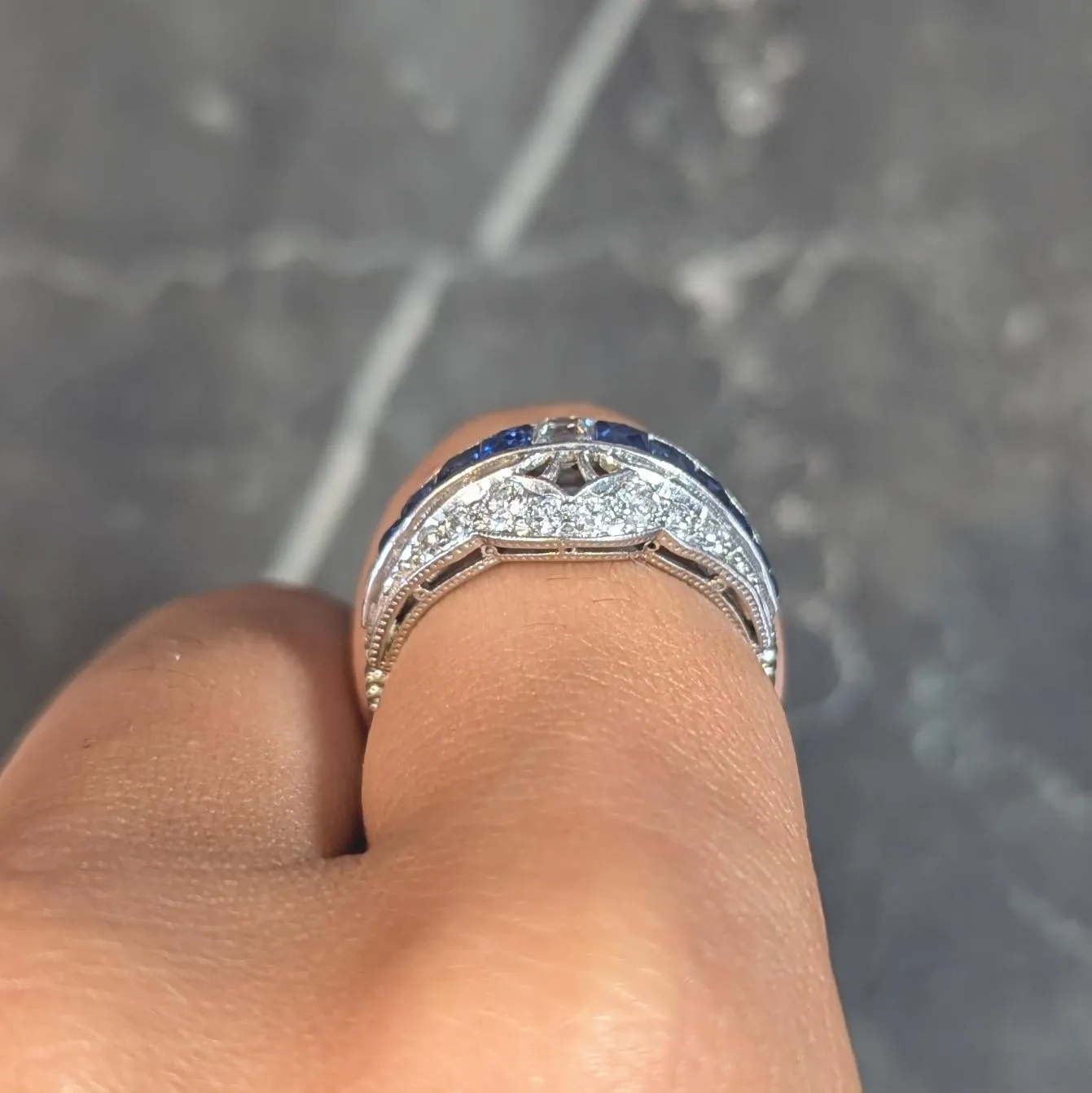 Durand & Co. Art Deco 2.29 CTW Sapphire Diamond Platinum Vintage Bombé Band Ring