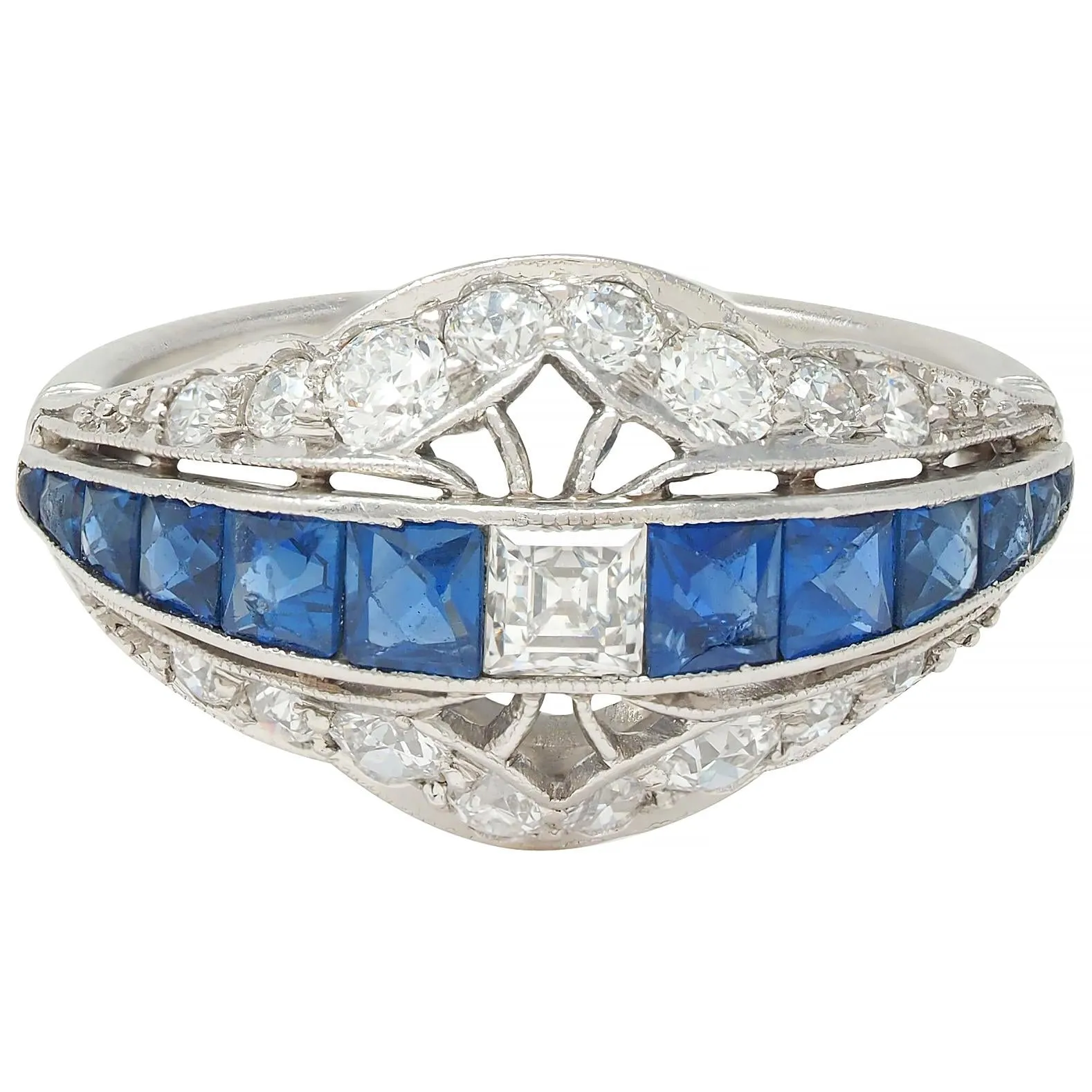 Durand & Co. Art Deco 2.29 CTW Sapphire Diamond Platinum Vintage Bombé Band Ring