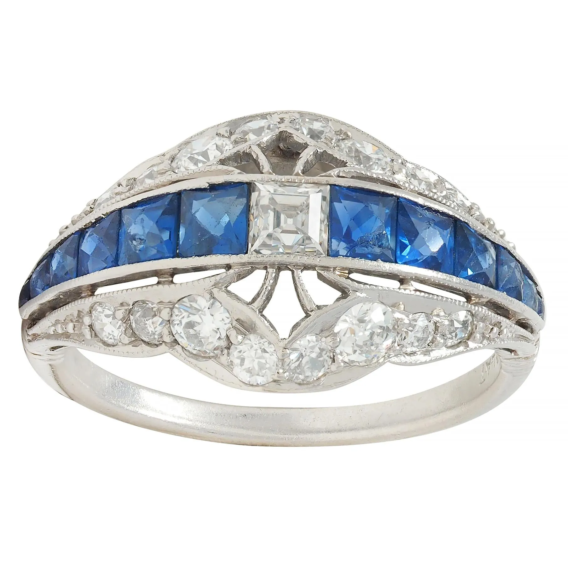 Durand & Co. Art Deco 2.29 CTW Sapphire Diamond Platinum Vintage Bombé Band Ring