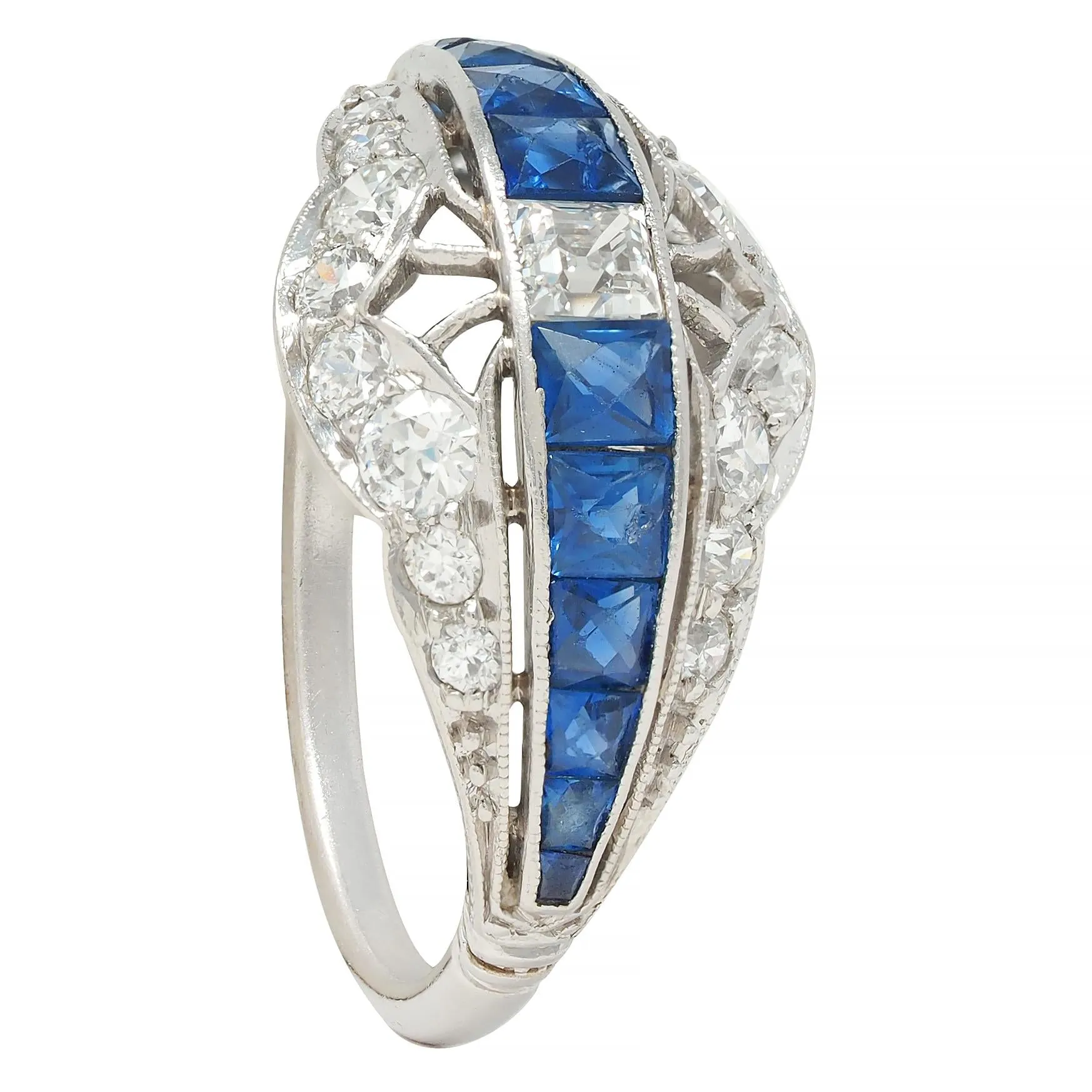 Durand & Co. Art Deco 2.29 CTW Sapphire Diamond Platinum Vintage Bombé Band Ring
