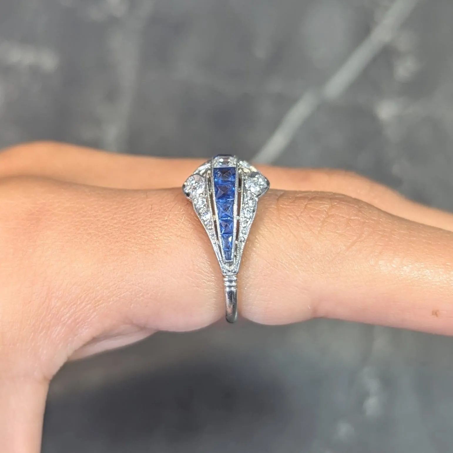 Durand & Co. Art Deco 2.29 CTW Sapphire Diamond Platinum Vintage Bombé Band Ring