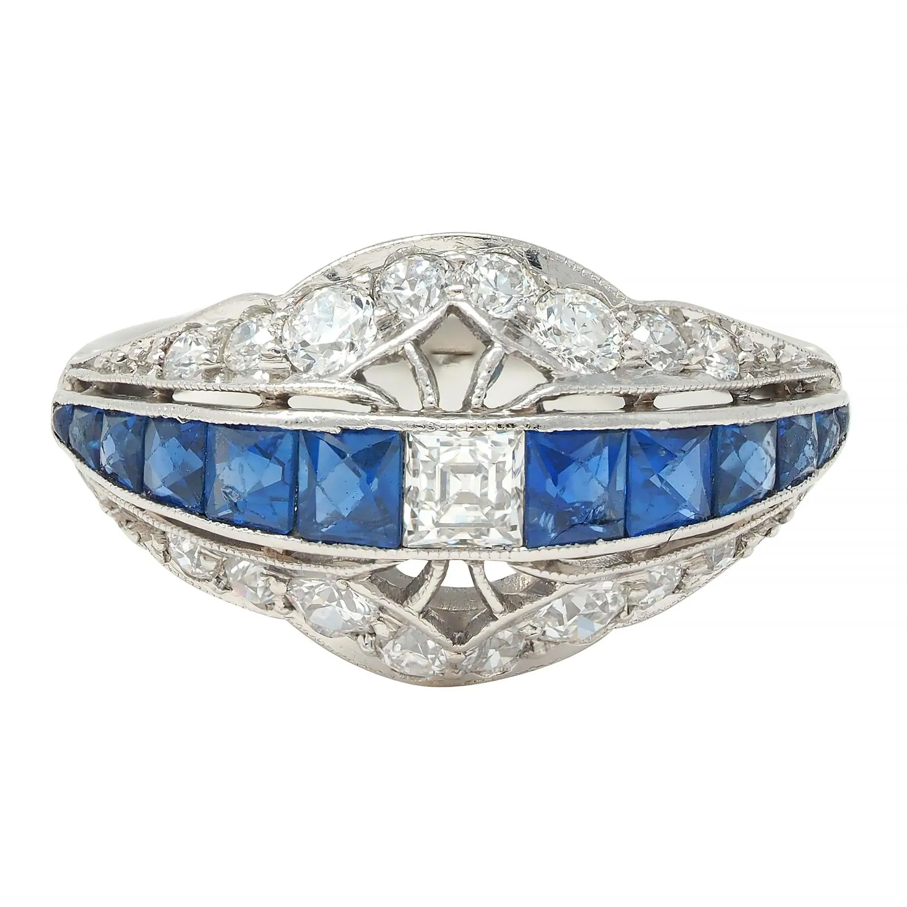 Durand & Co. Art Deco 2.29 CTW Sapphire Diamond Platinum Vintage Bombé Band Ring