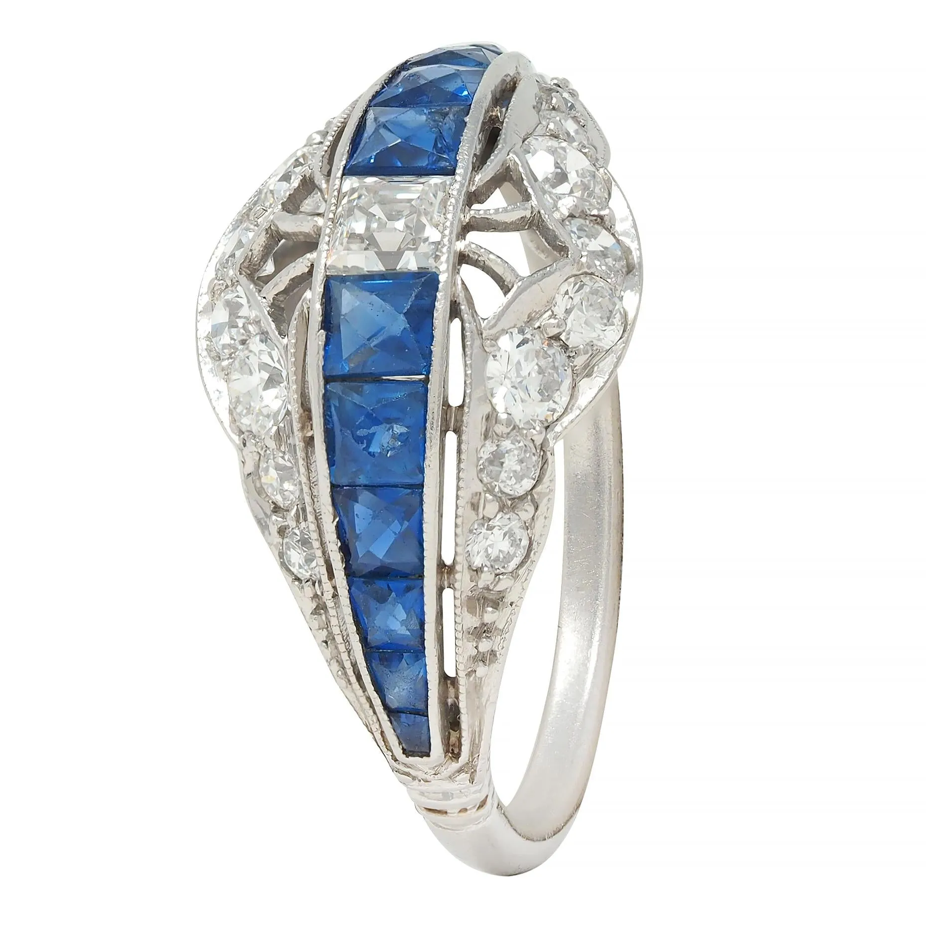 Durand & Co. Art Deco 2.29 CTW Sapphire Diamond Platinum Vintage Bombé Band Ring