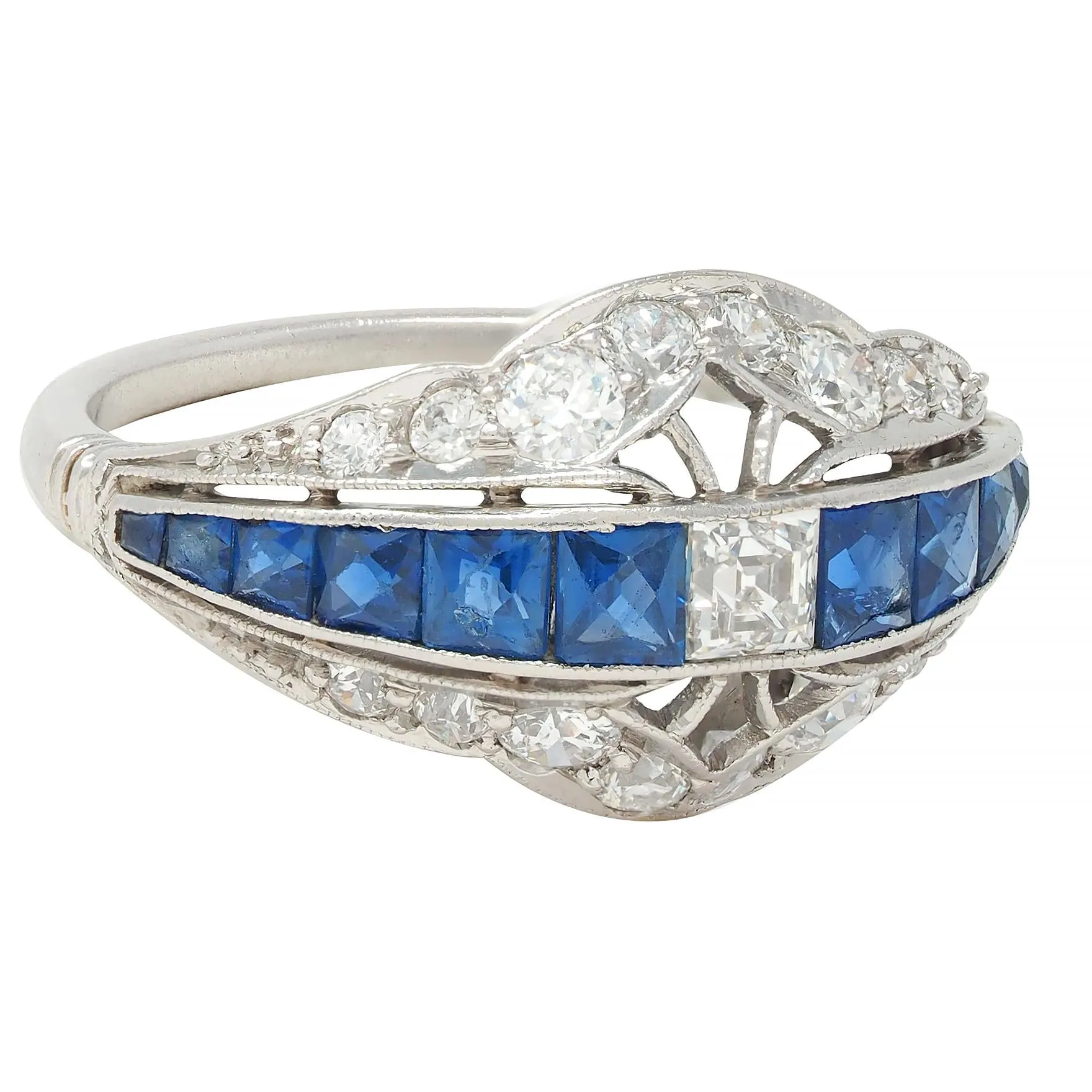 Durand & Co. Art Deco 2.29 CTW Sapphire Diamond Platinum Vintage Bombé Band Ring
