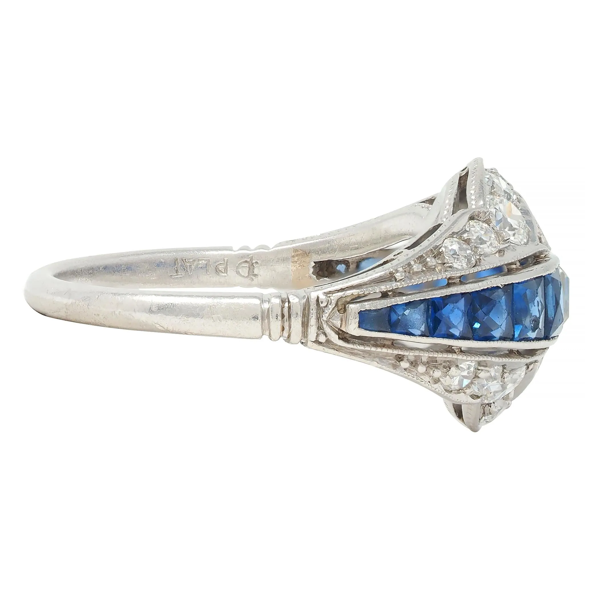 Durand & Co. Art Deco 2.29 CTW Sapphire Diamond Platinum Vintage Bombé Band Ring