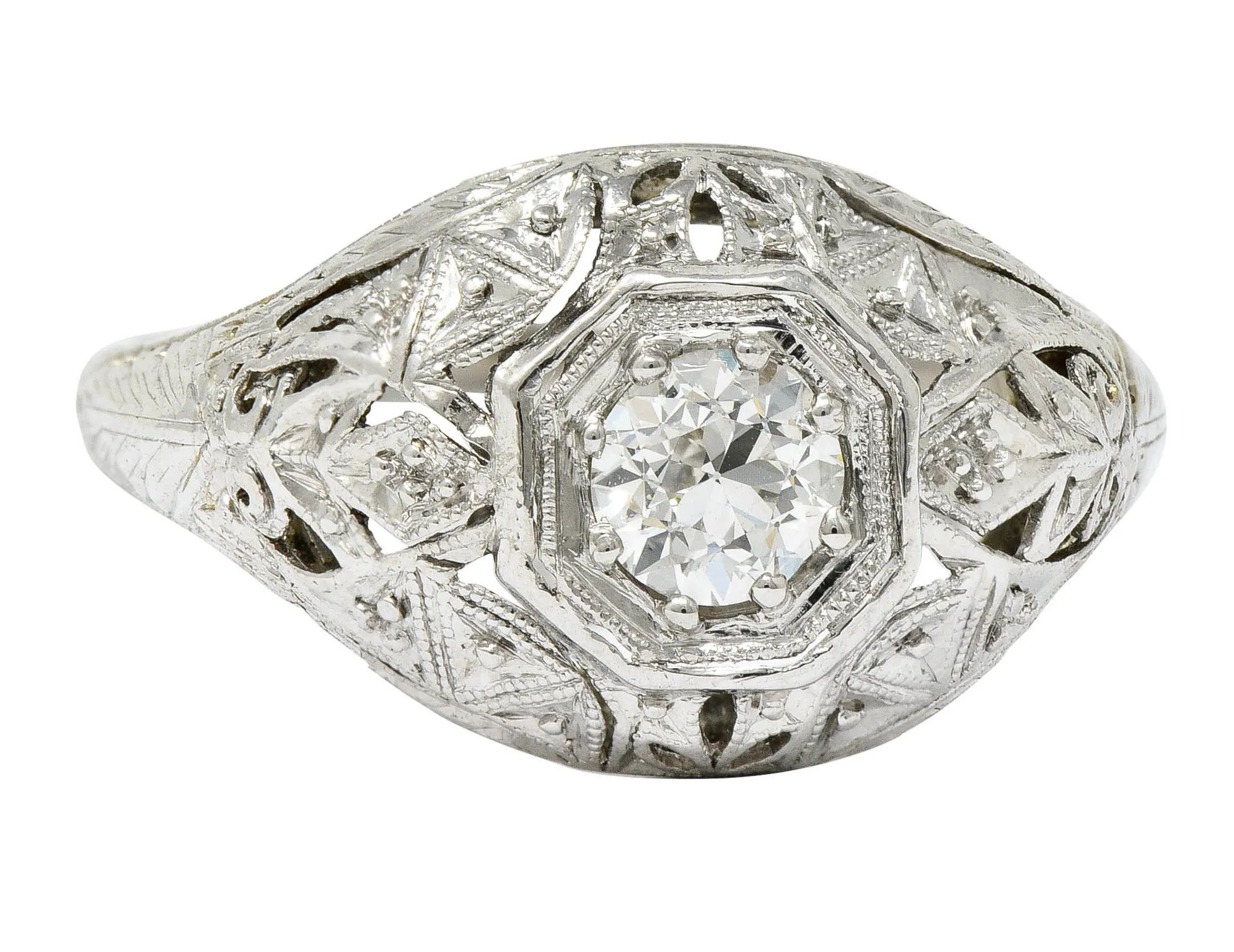 Early Art Deco 0.34 CTW Diamond Platinum-Topped 18 Karat White Gold Foliate Engagement Ring