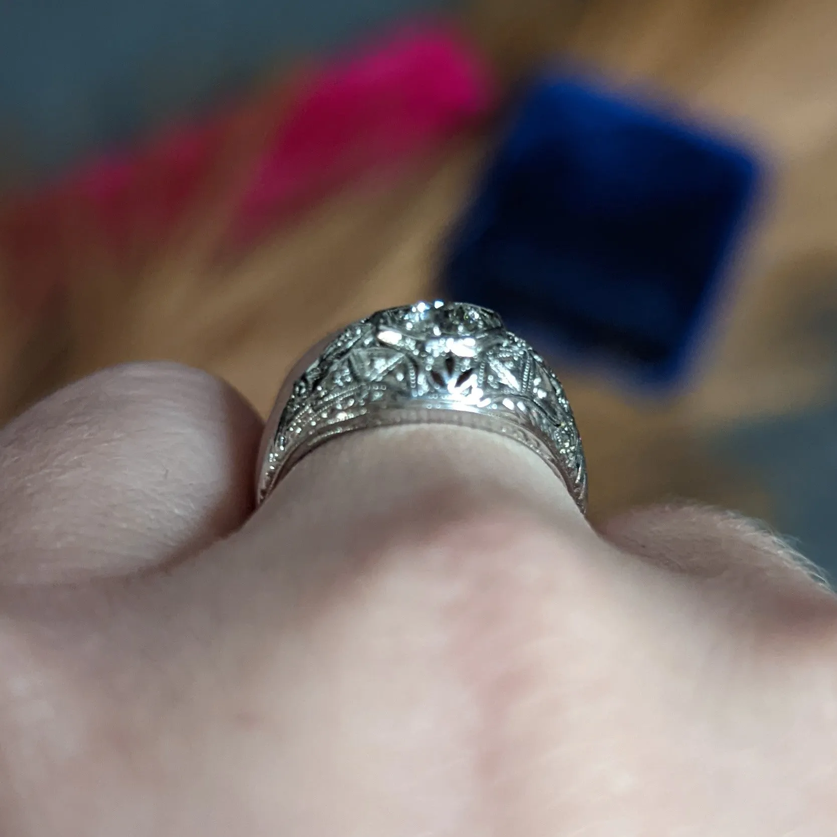Early Art Deco 0.34 CTW Diamond Platinum-Topped 18 Karat White Gold Foliate Engagement Ring