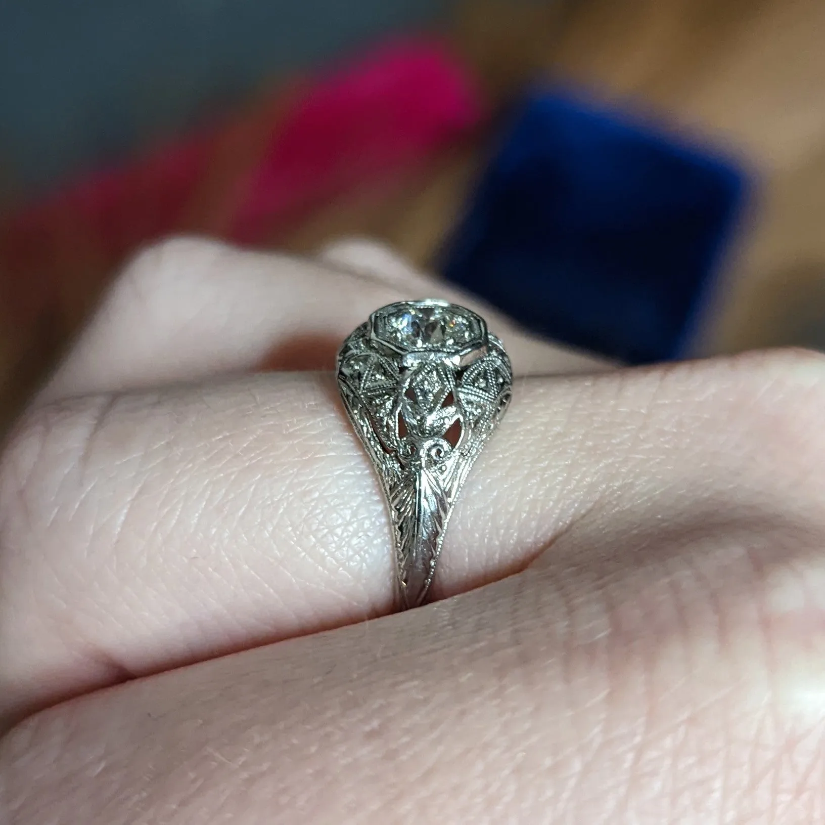 Early Art Deco 0.34 CTW Diamond Platinum-Topped 18 Karat White Gold Foliate Engagement Ring