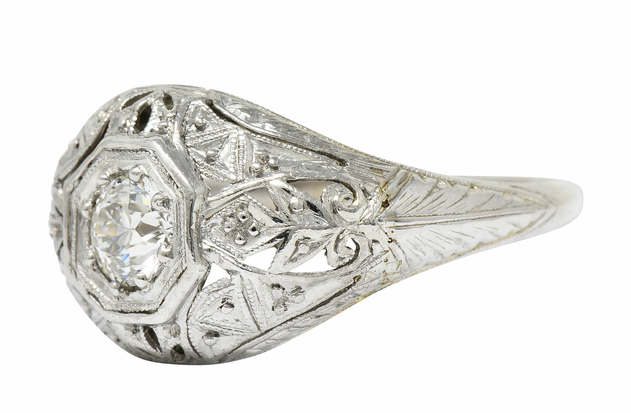 Early Art Deco 0.34 CTW Diamond Platinum-Topped 18 Karat White Gold Foliate Engagement Ring
