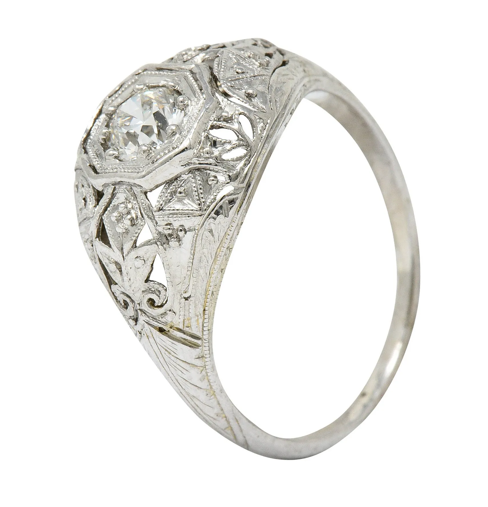 Early Art Deco 0.34 CTW Diamond Platinum-Topped 18 Karat White Gold Foliate Engagement Ring