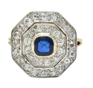 Early Art Deco 1.95 CTW Sapphire Diamond Platinum-Topped 14 Karat Gold Octagonal Cluster Ring