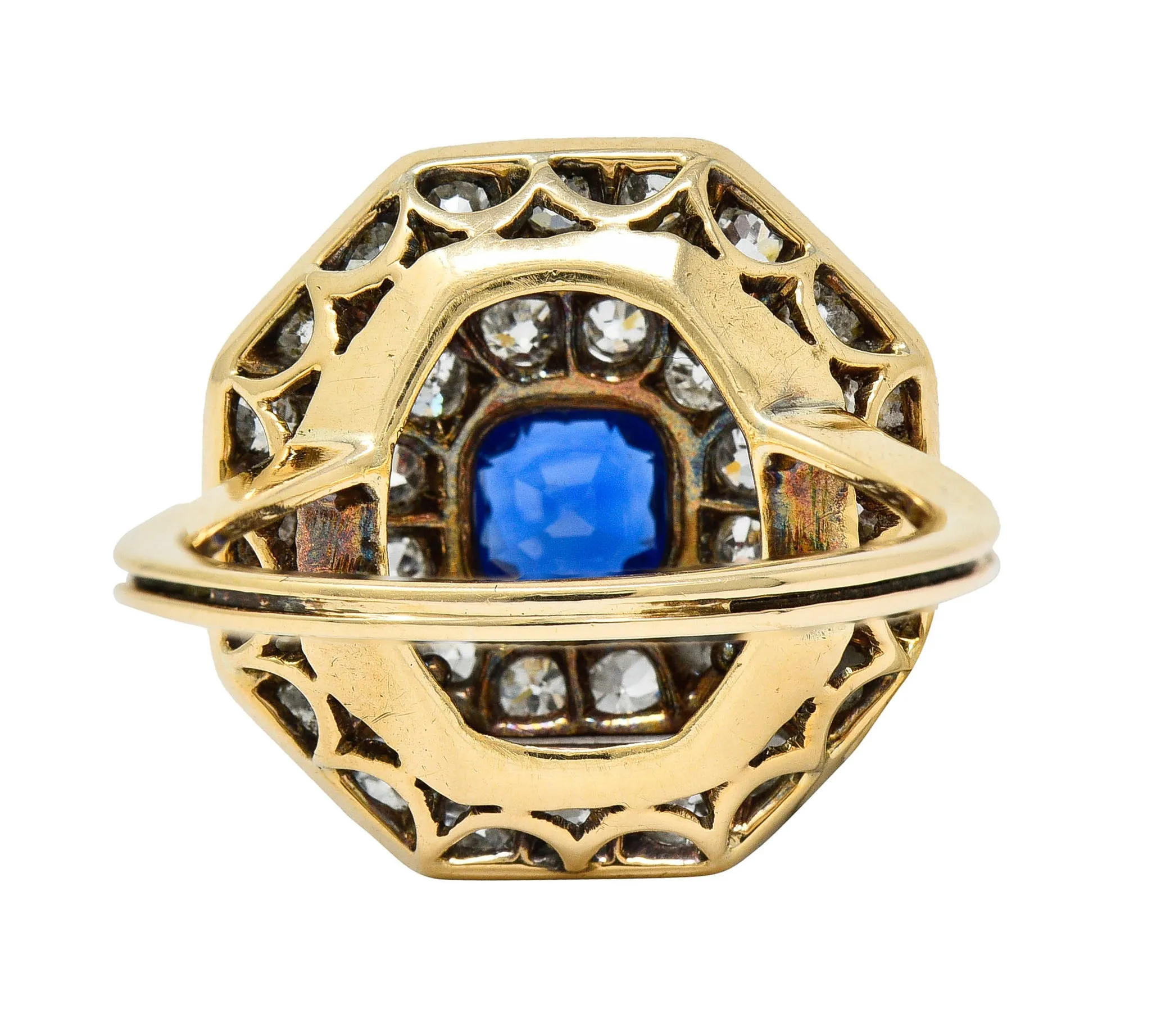 Early Art Deco 1.95 CTW Sapphire Diamond Platinum-Topped 14 Karat Gold Octagonal Cluster Ring