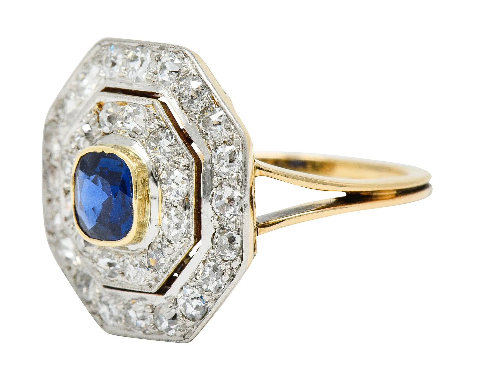 Early Art Deco 1.95 CTW Sapphire Diamond Platinum-Topped 14 Karat Gold Octagonal Cluster Ring