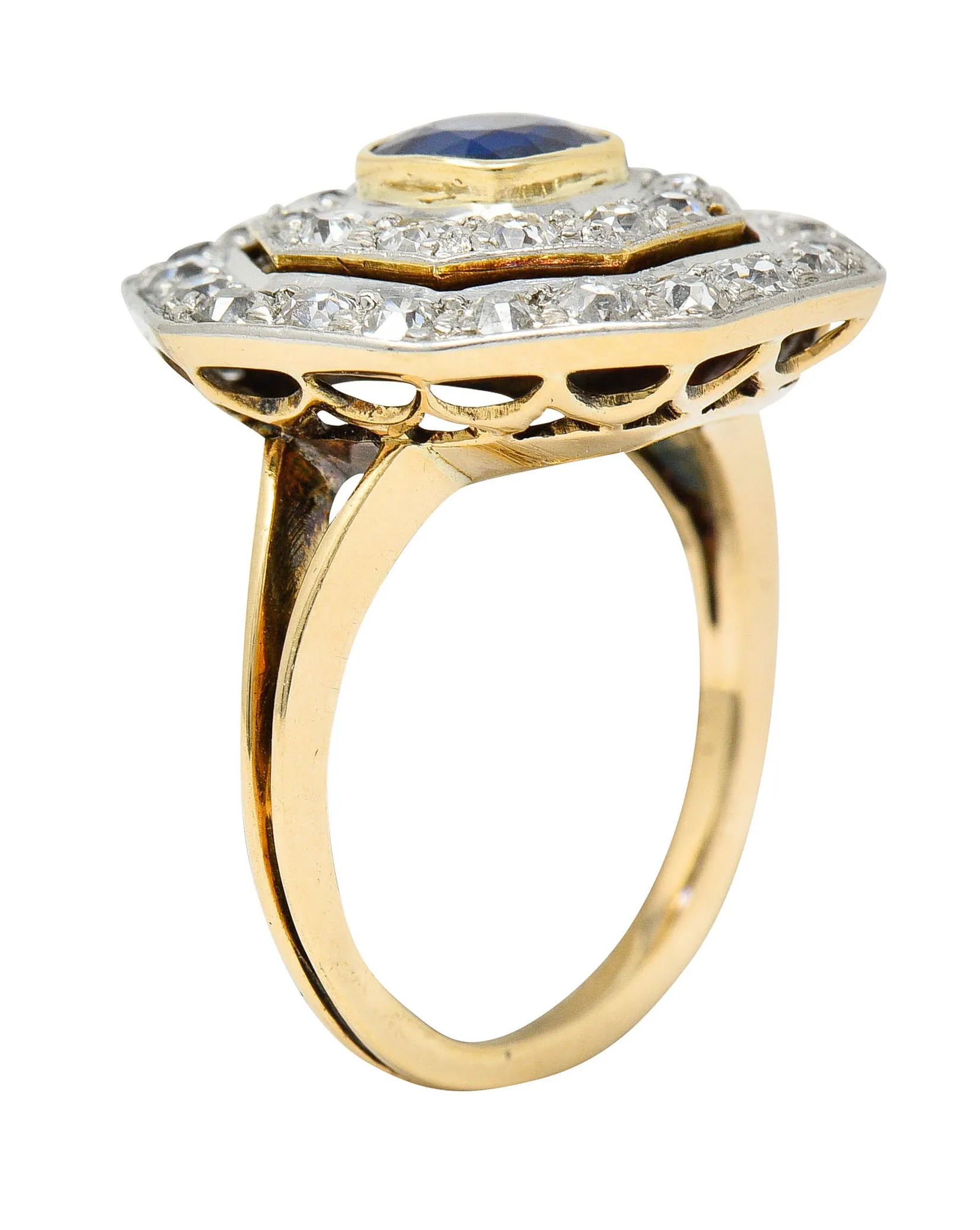 Early Art Deco 1.95 CTW Sapphire Diamond Platinum-Topped 14 Karat Gold Octagonal Cluster Ring