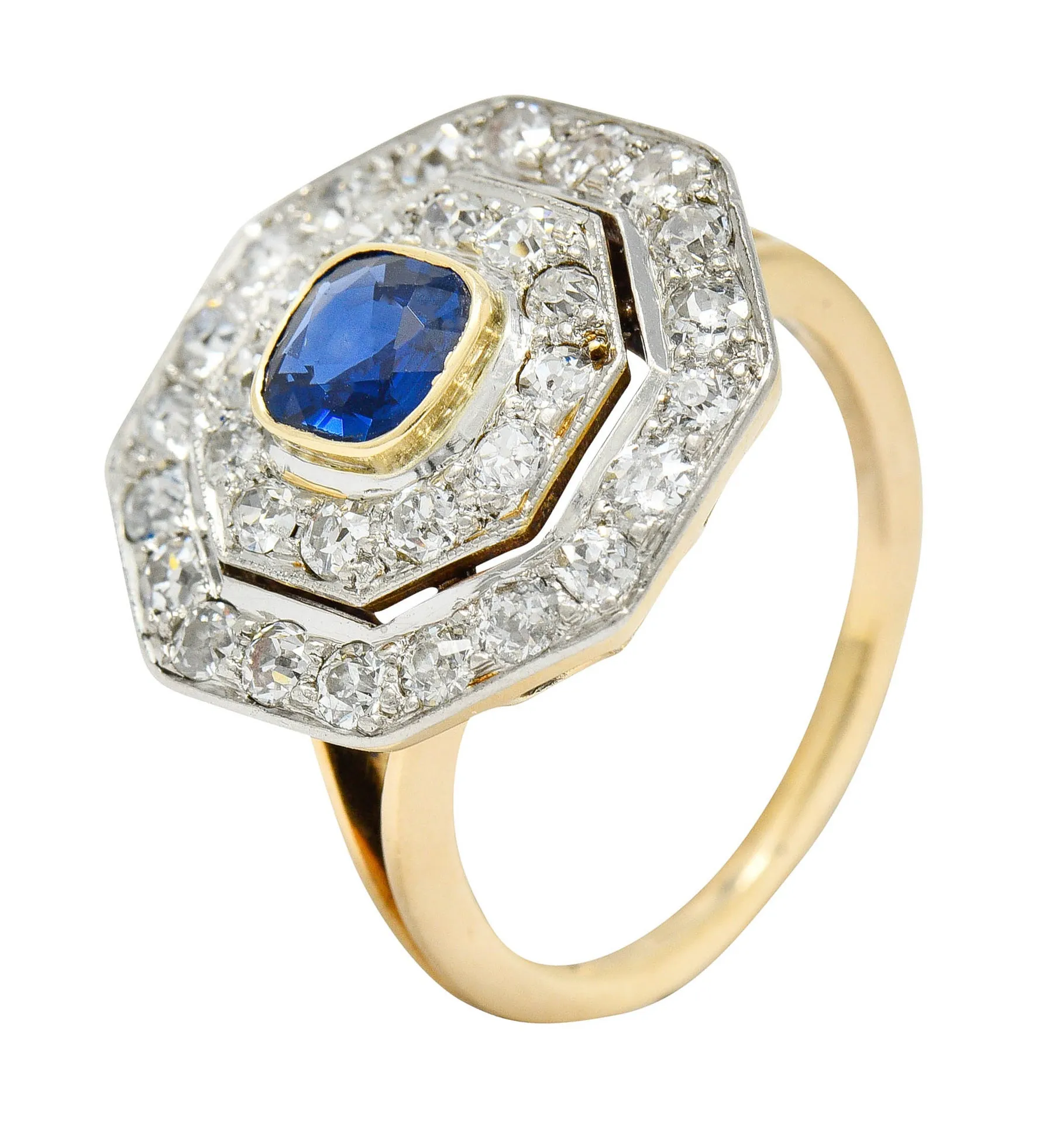 Early Art Deco 1.95 CTW Sapphire Diamond Platinum-Topped 14 Karat Gold Octagonal Cluster Ring
