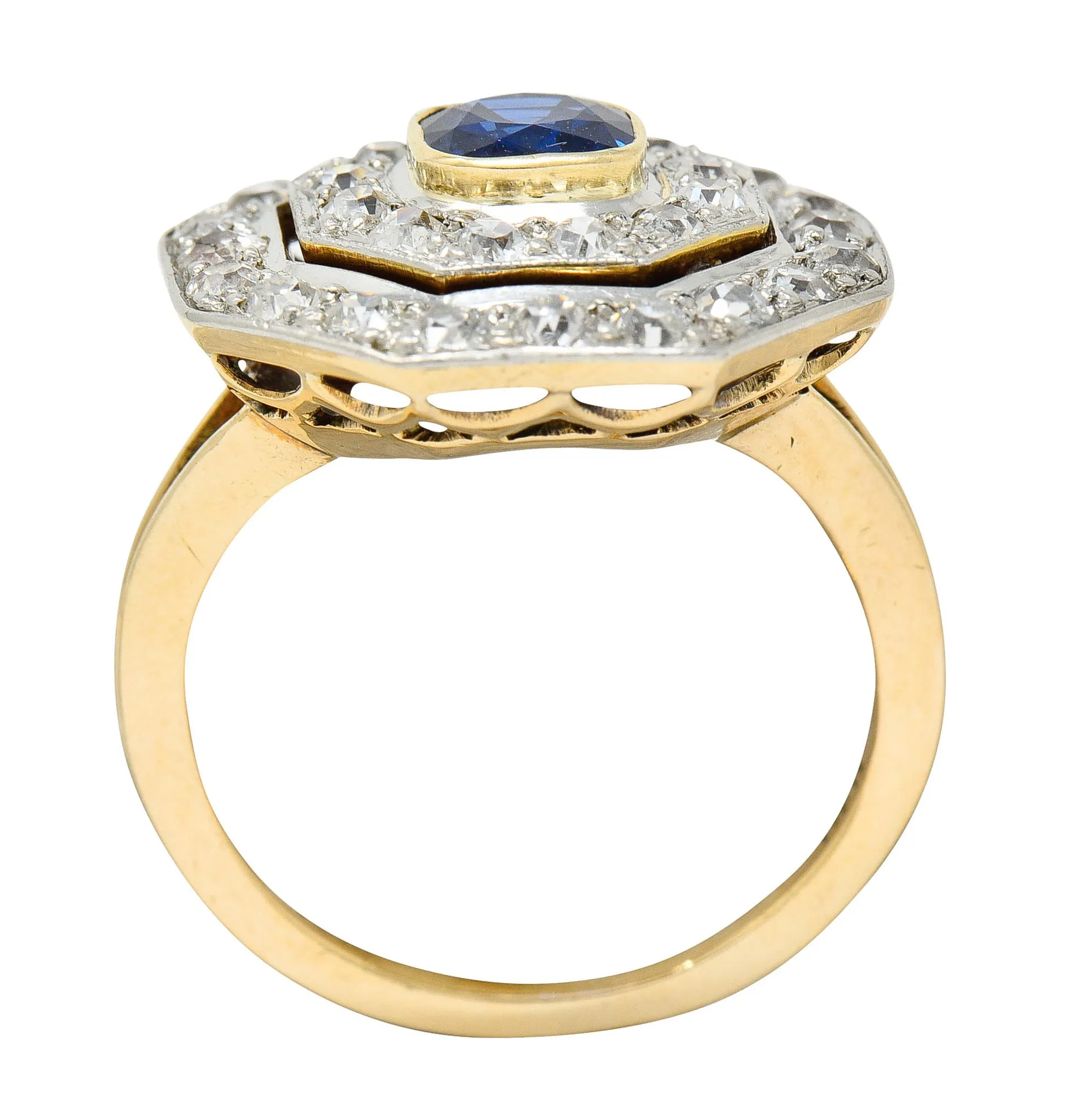 Early Art Deco 1.95 CTW Sapphire Diamond Platinum-Topped 14 Karat Gold Octagonal Cluster Ring