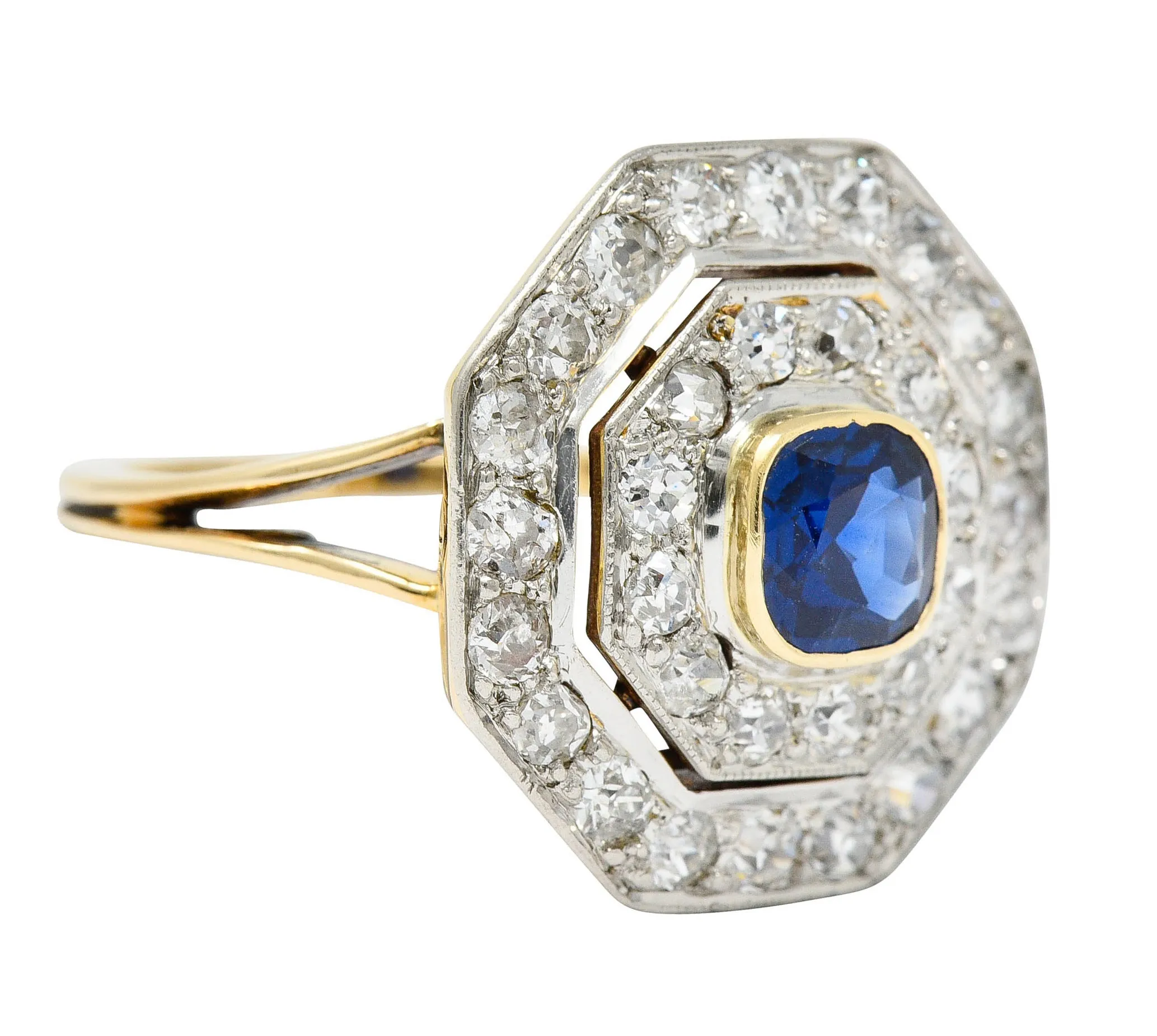 Early Art Deco 1.95 CTW Sapphire Diamond Platinum-Topped 14 Karat Gold Octagonal Cluster Ring
