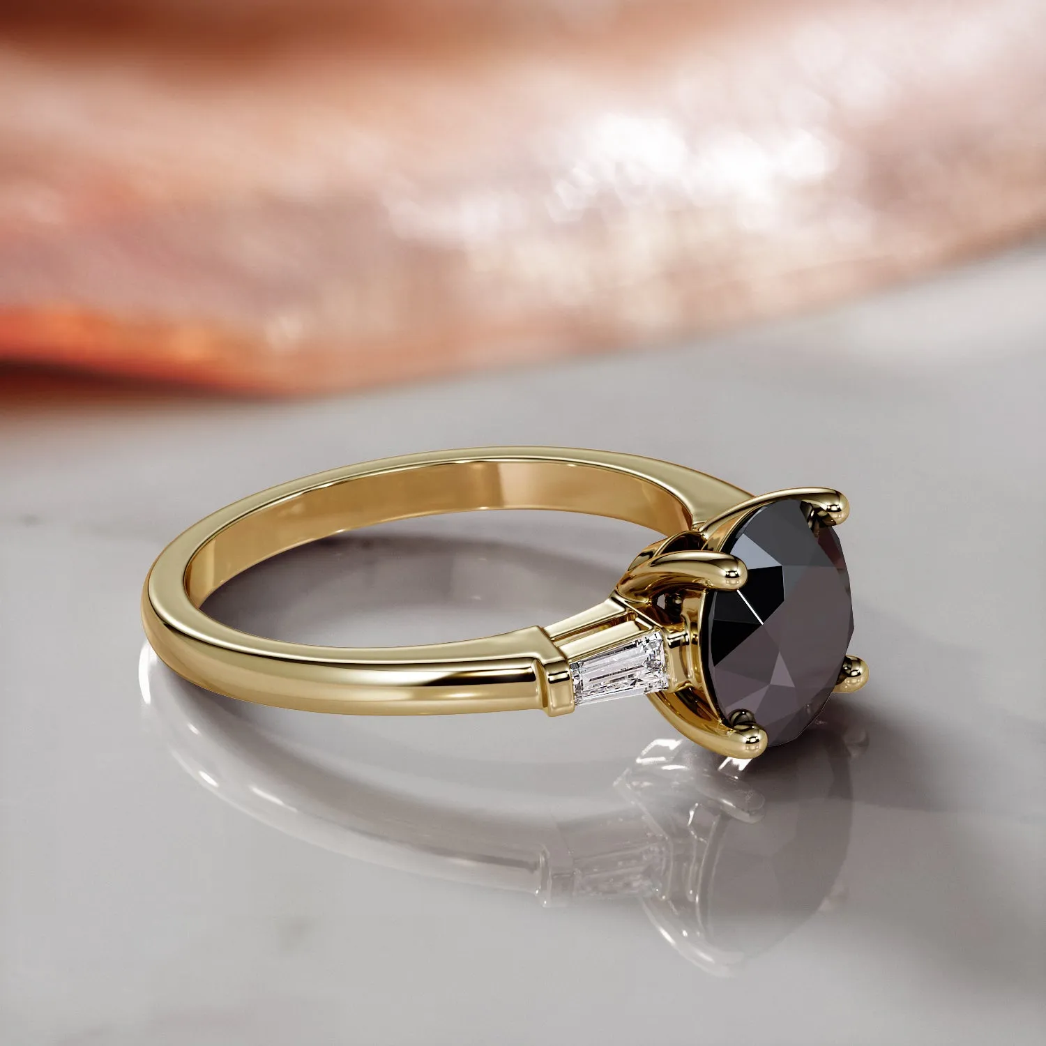Ecbon Shade - Art-Deco Natural Black Diamond Round Engagement Ring