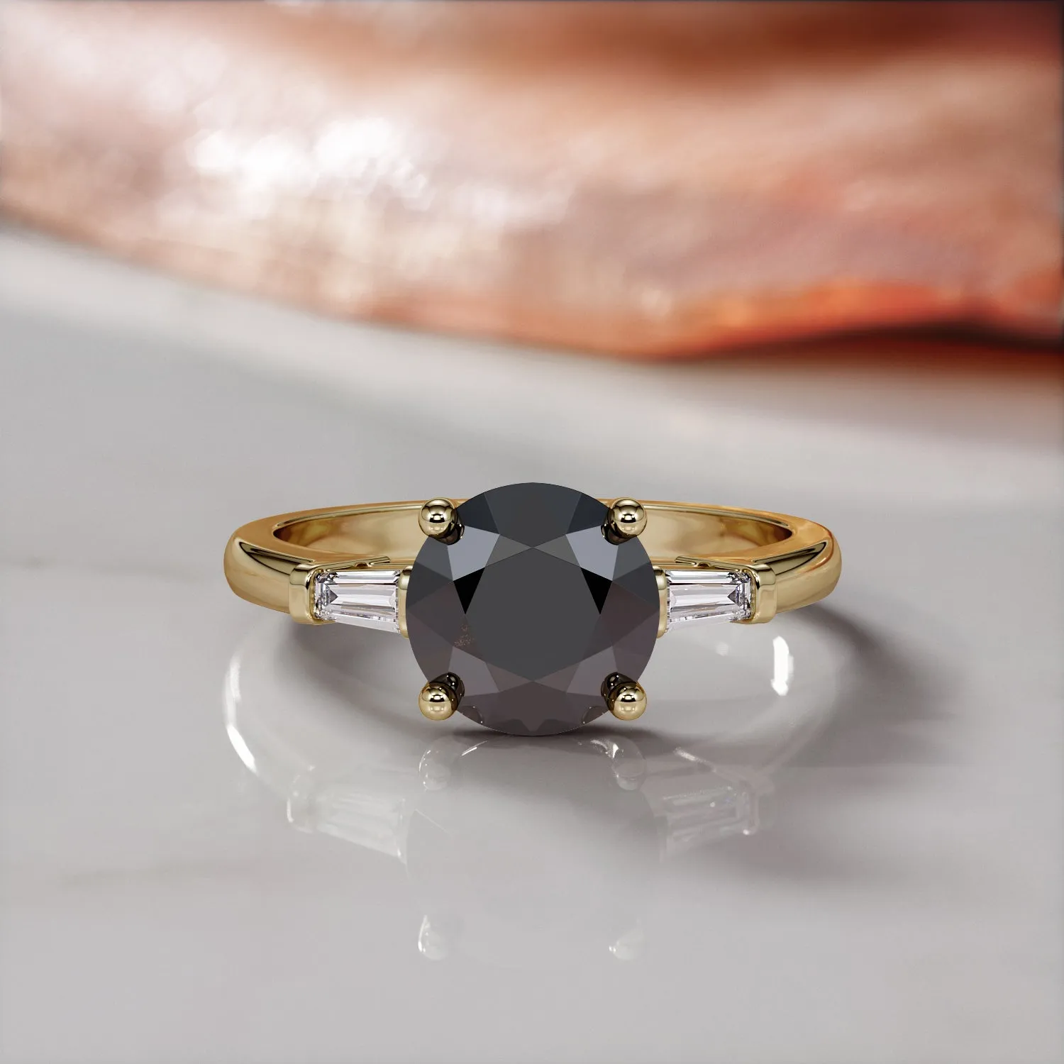 Ecbon Shade - Art-Deco Natural Black Diamond Round Engagement Ring