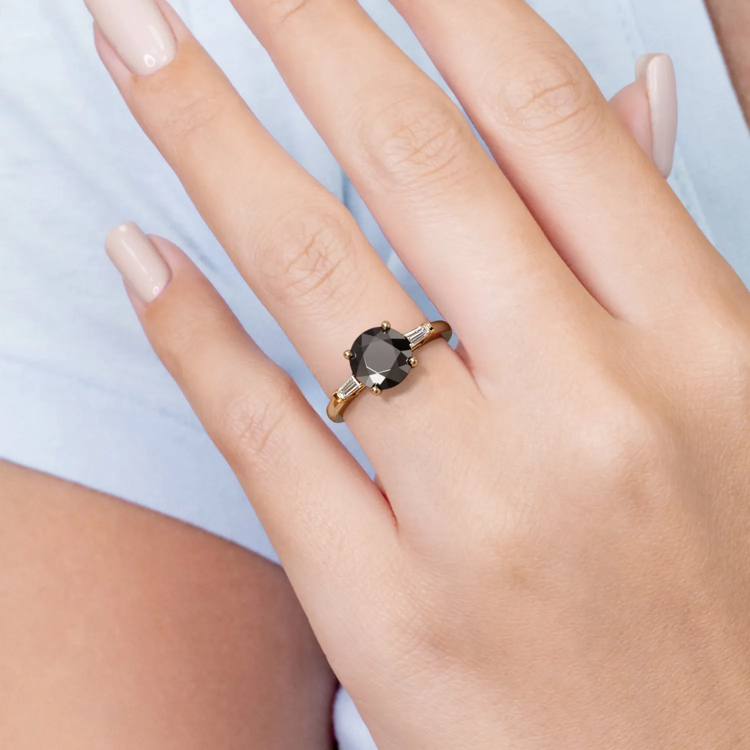 Ecbon Shade - Art-Deco Natural Black Diamond Round Engagement Ring