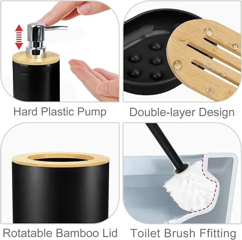 Elegant 6-Piece Bamboo & Plastic Bath Accessories Sets, Black