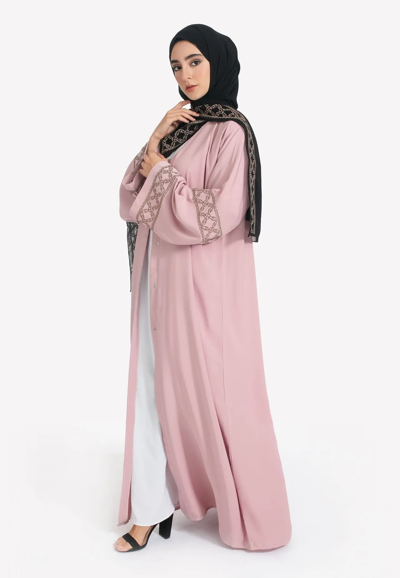 Elegant Blush Pink Open Abaya with Geometric Embroidery