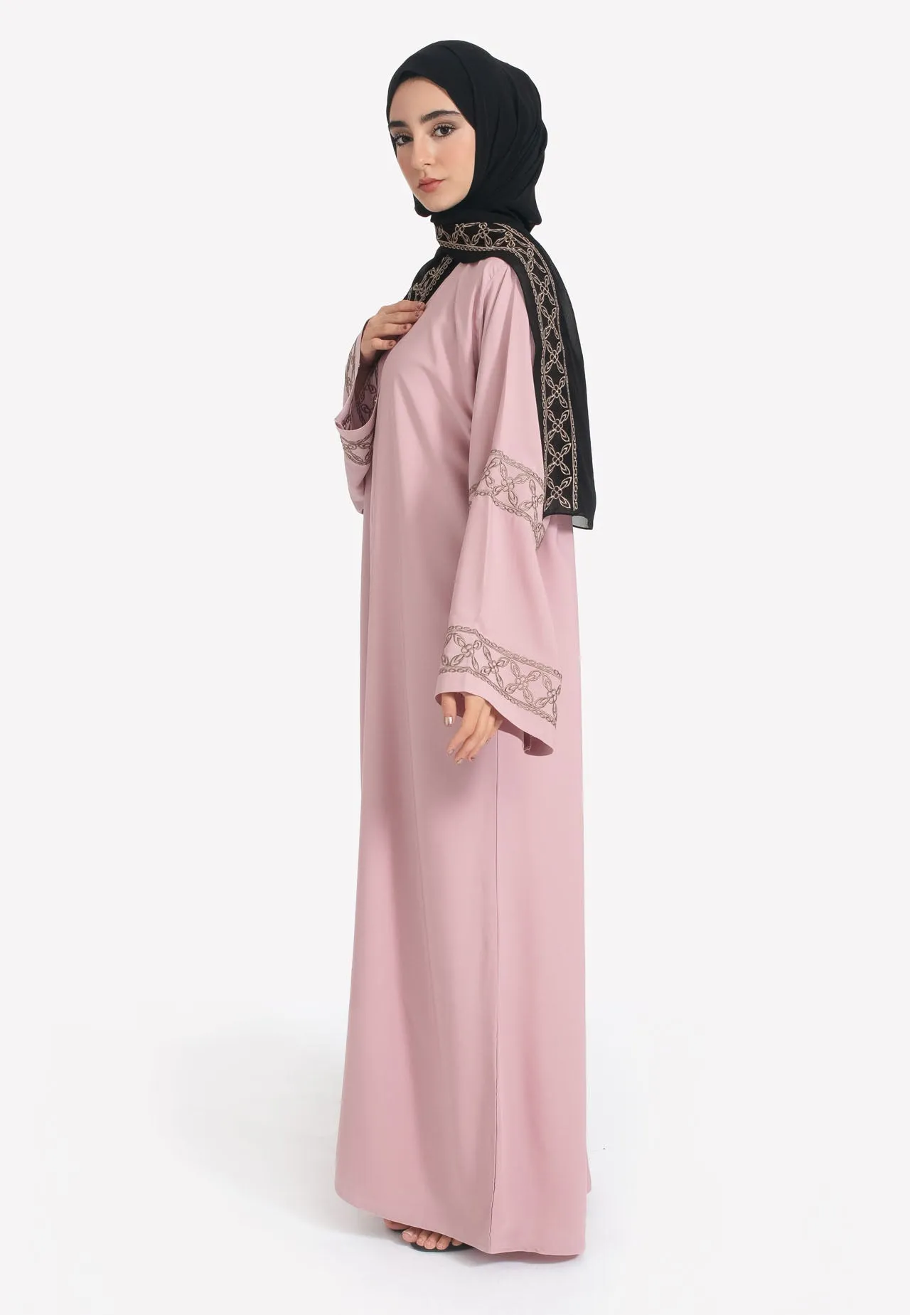 Elegant Blush Pink Open Abaya with Geometric Embroidery