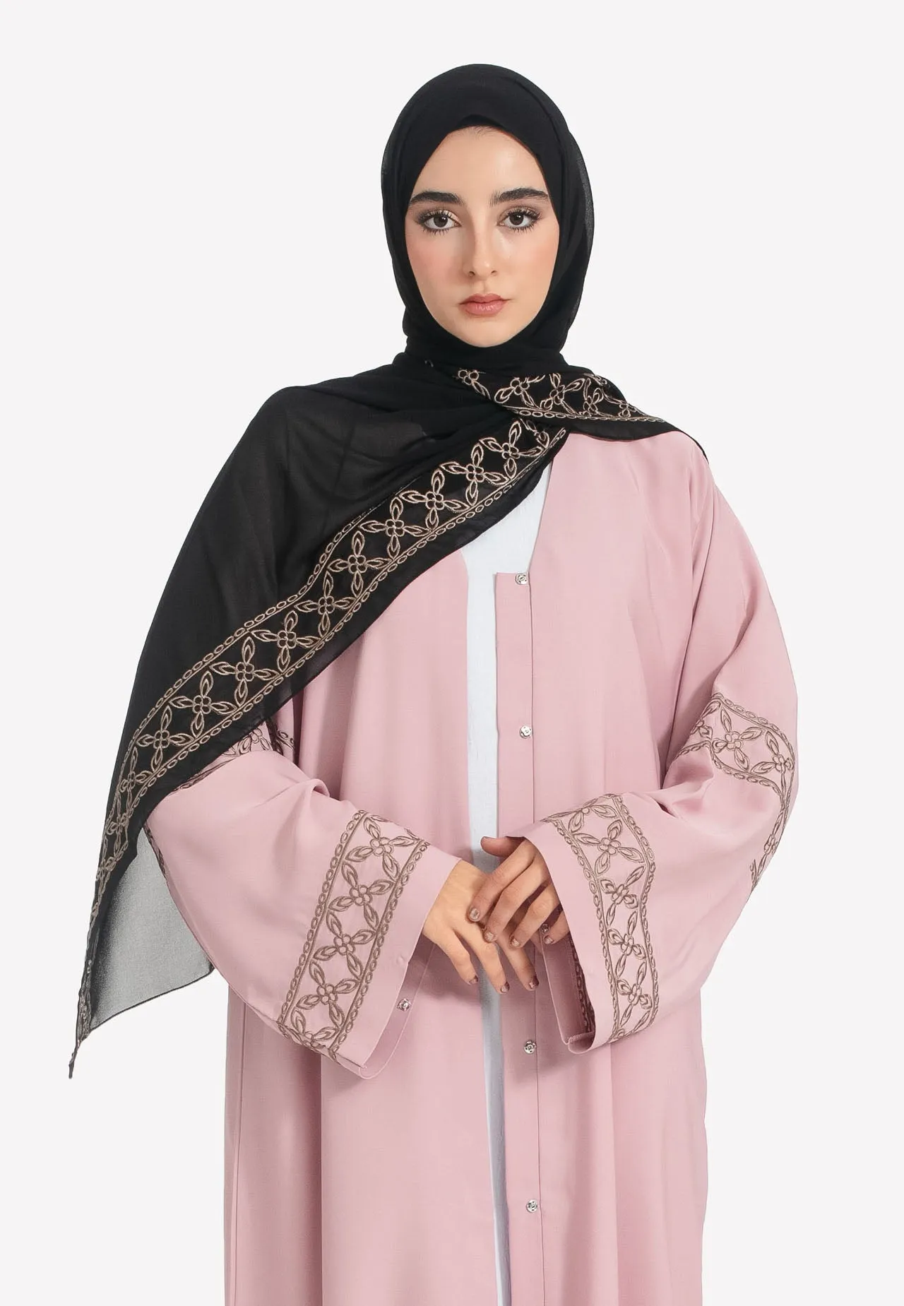 Elegant Blush Pink Open Abaya with Geometric Embroidery