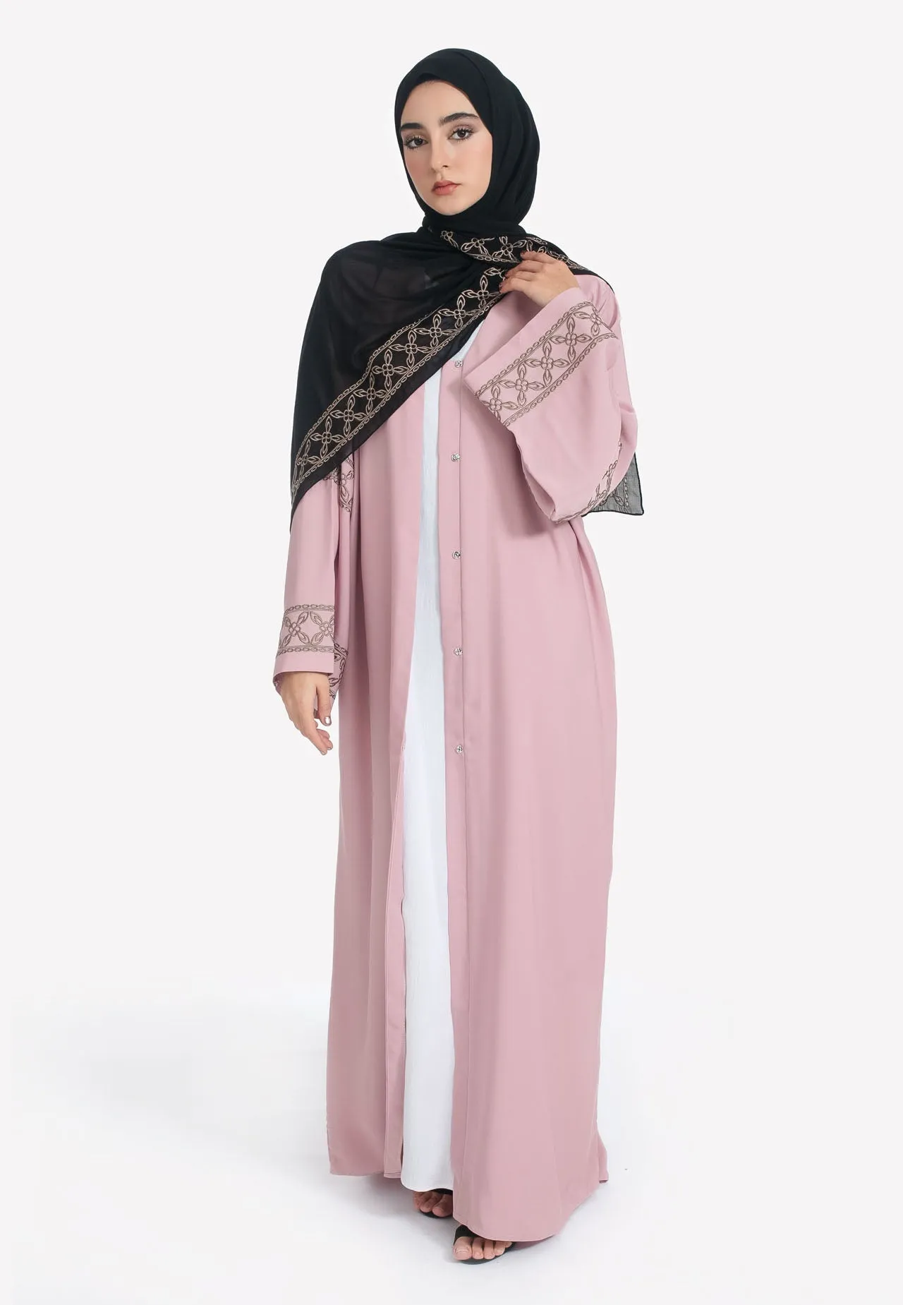 Elegant Blush Pink Open Abaya with Geometric Embroidery