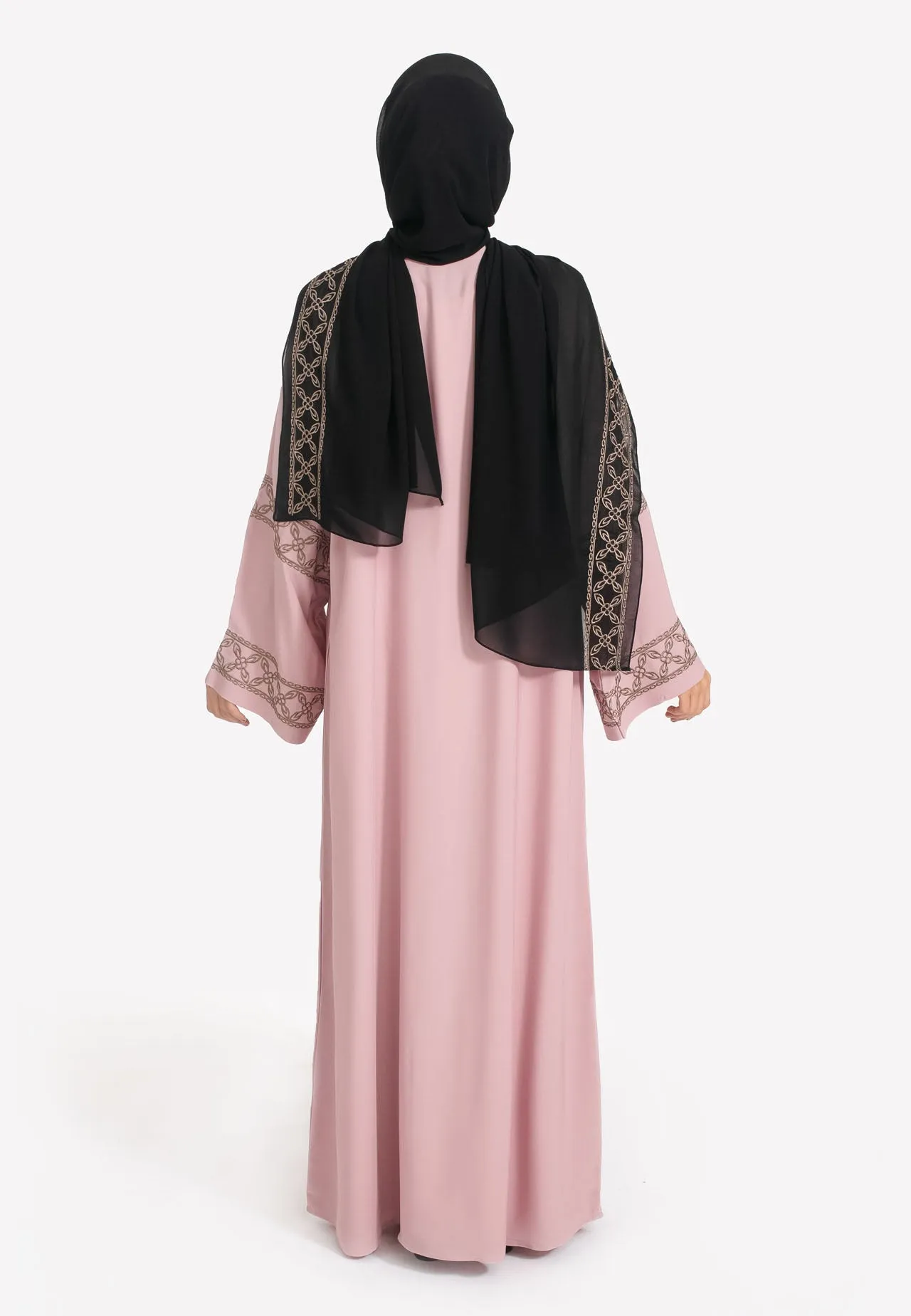 Elegant Blush Pink Open Abaya with Geometric Embroidery