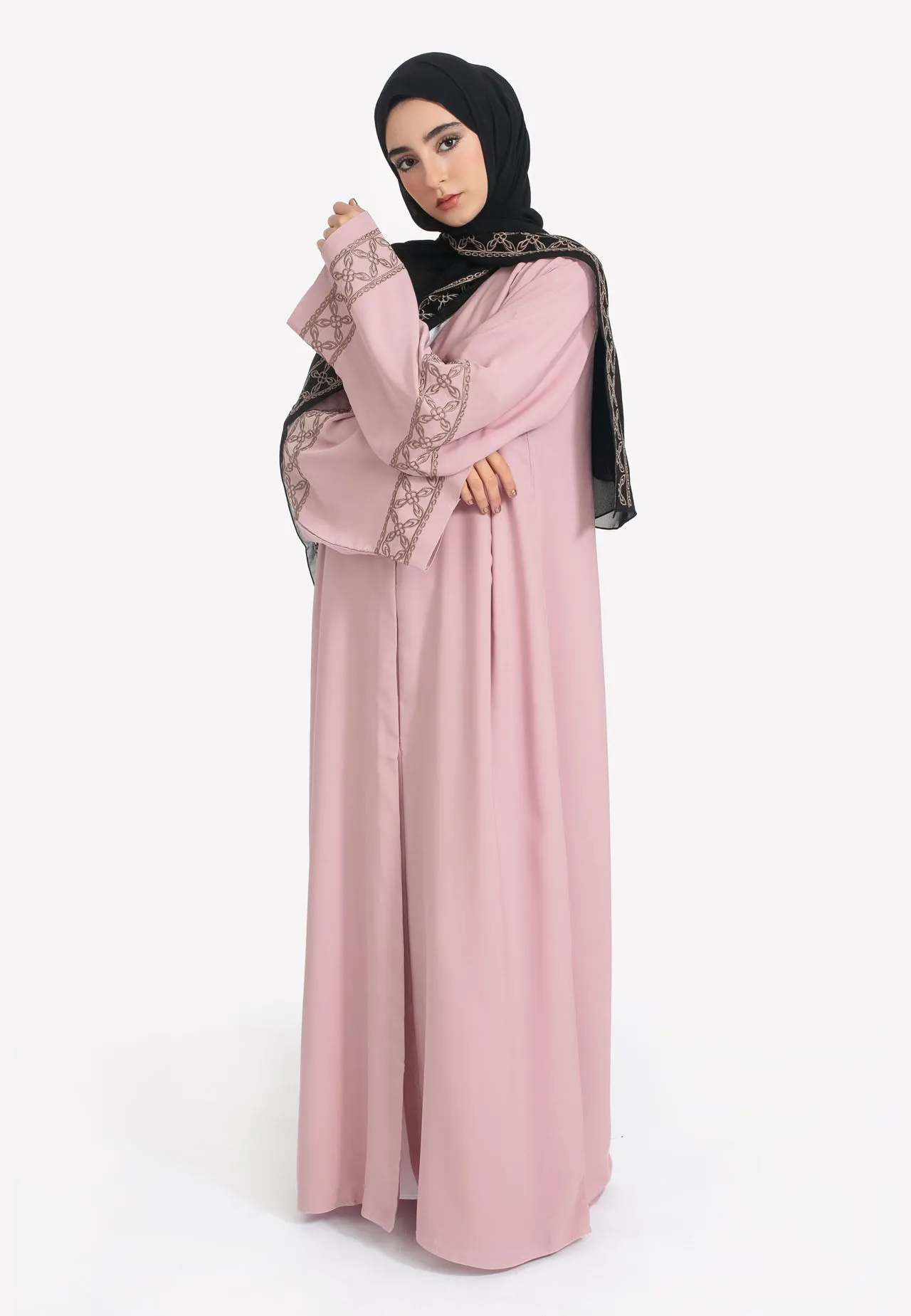Elegant Blush Pink Open Abaya with Geometric Embroidery