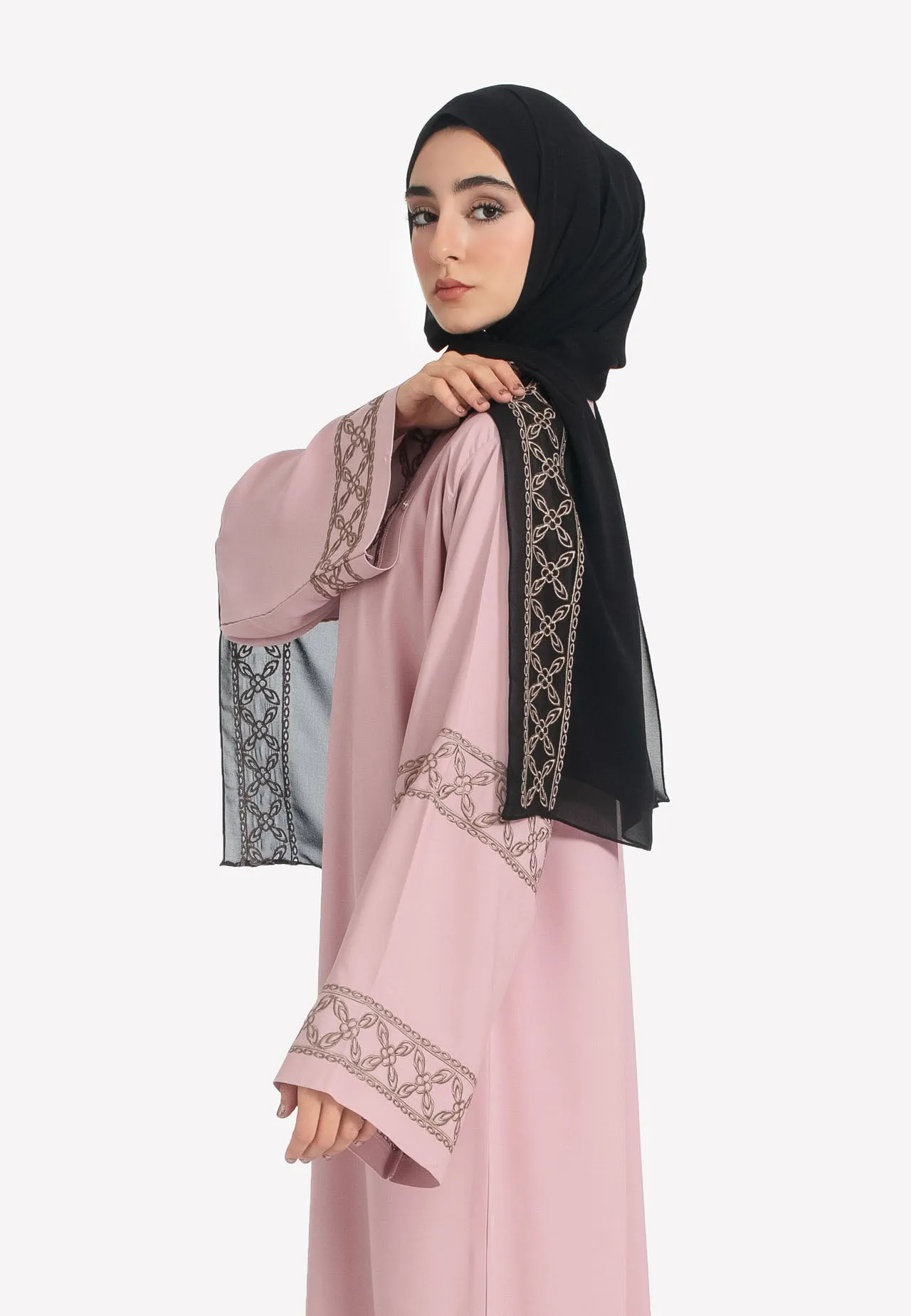 Elegant Blush Pink Open Abaya with Geometric Embroidery