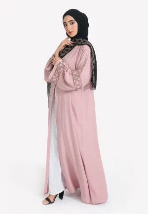 Elegant Blush Pink Open Abaya with Geometric Embroidery