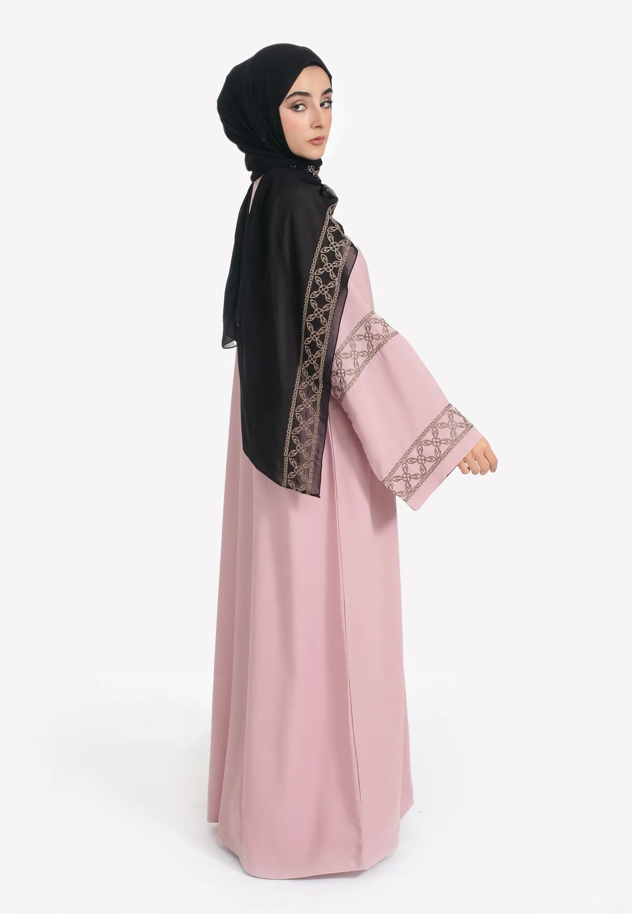 Elegant Blush Pink Open Abaya with Geometric Embroidery