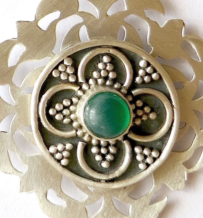 Elegant, kite shape cut-work earrings in satin finish with chrysoprase and oxidized granulation detailing