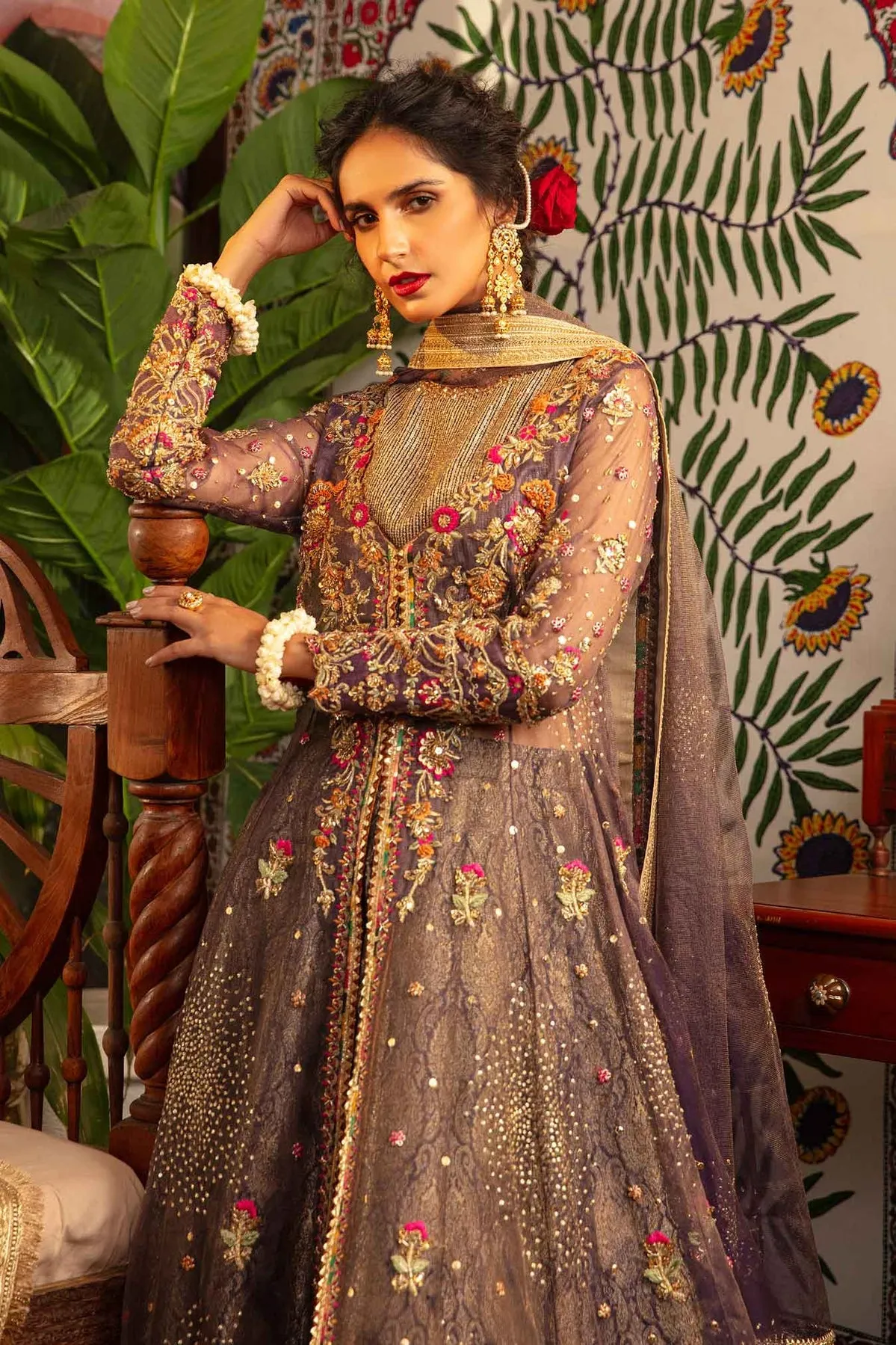 Elegant Plum Embroidered Pakistani Wedding Dress Kalidar Pishwas