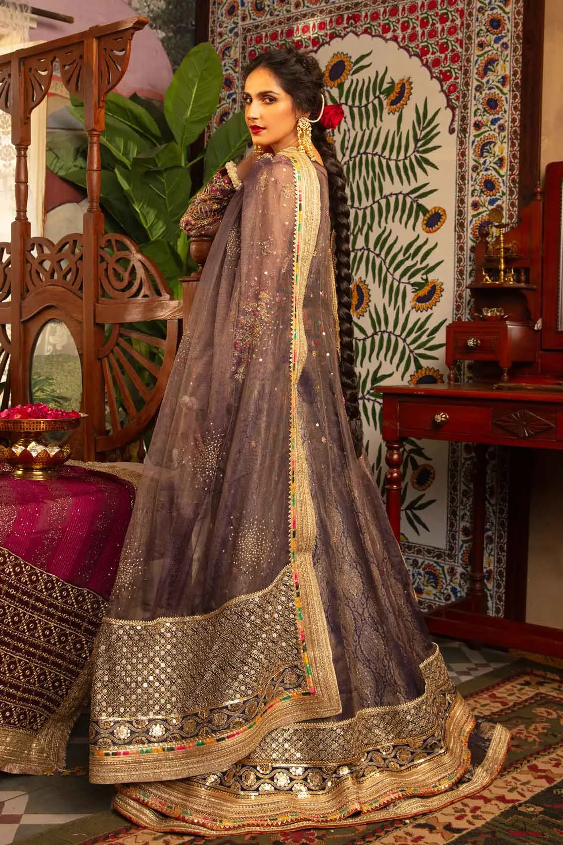 Elegant Plum Embroidered Pakistani Wedding Dress Kalidar Pishwas