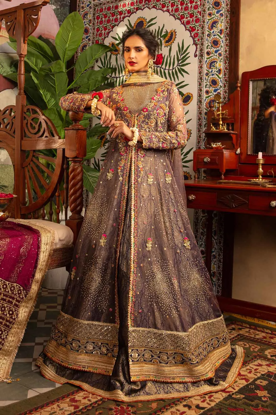 Elegant Plum Embroidered Pakistani Wedding Dress Kalidar Pishwas