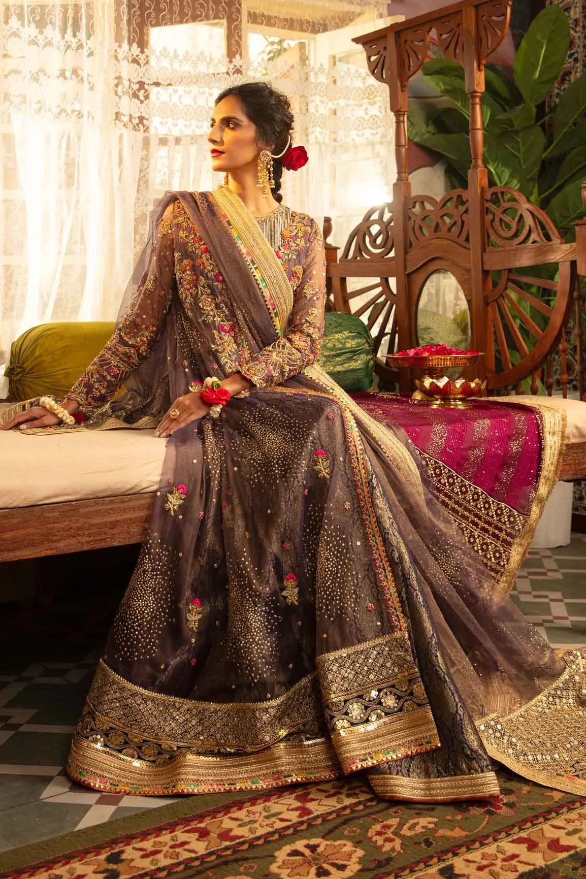 Elegant Plum Embroidered Pakistani Wedding Dress Kalidar Pishwas