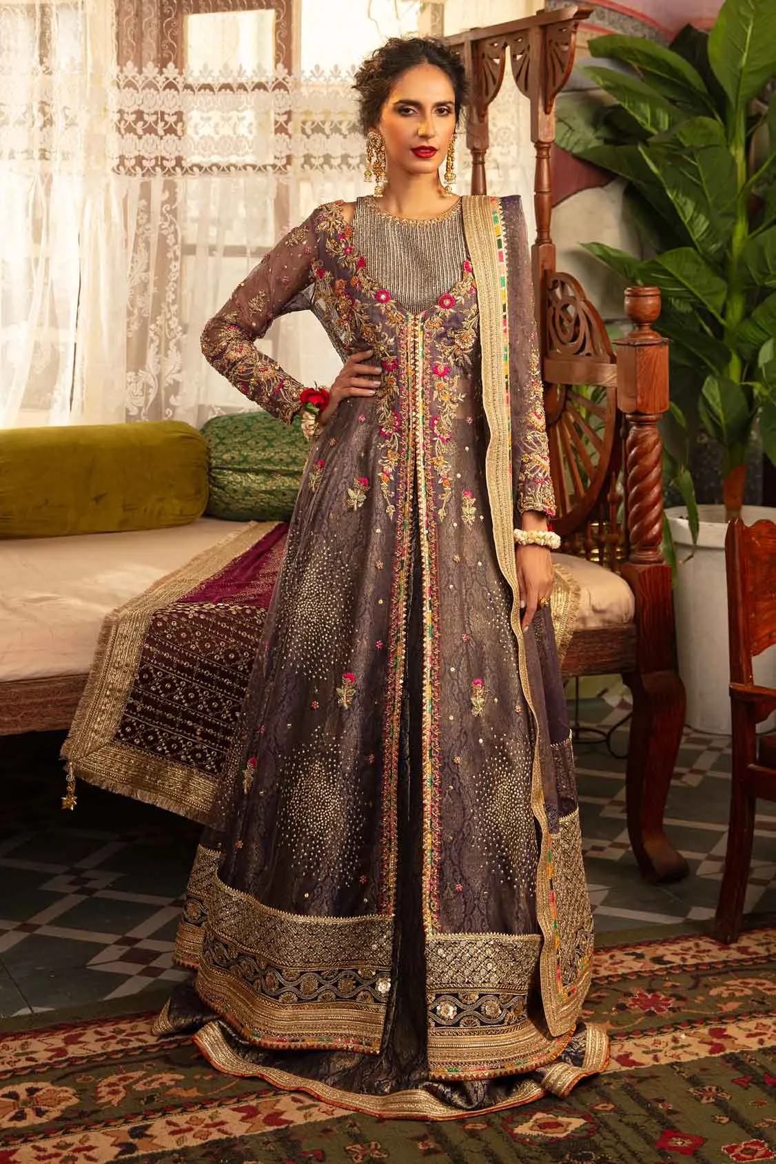 Elegant Plum Embroidered Pakistani Wedding Dress Kalidar Pishwas